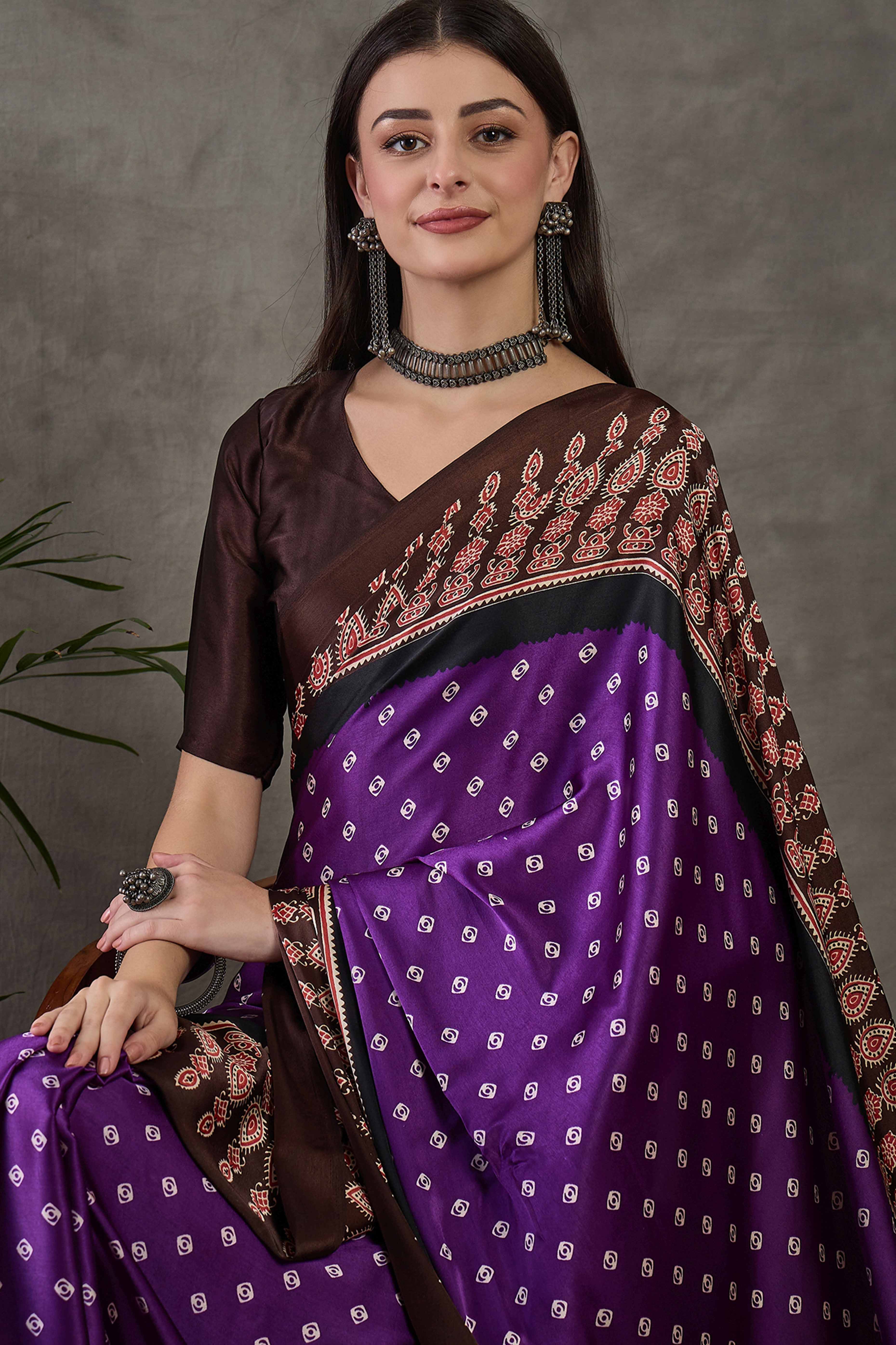 Violet Ajrakh Printed Modal Satin Saree with Traditional Ajrakh Charm