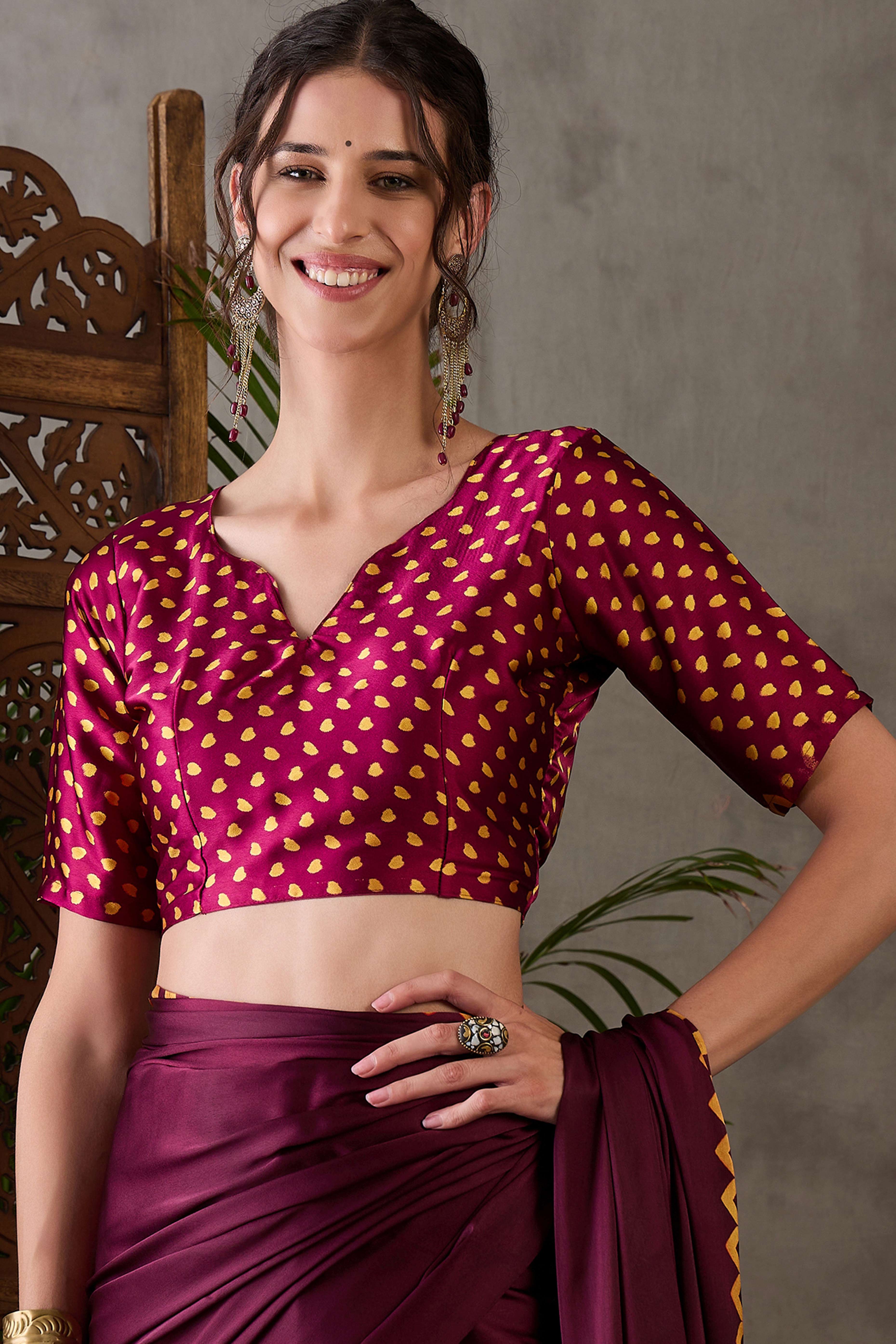 Wine Free Style Printed Modal Satin Party Wear Saree with a Smooth Satin Drape