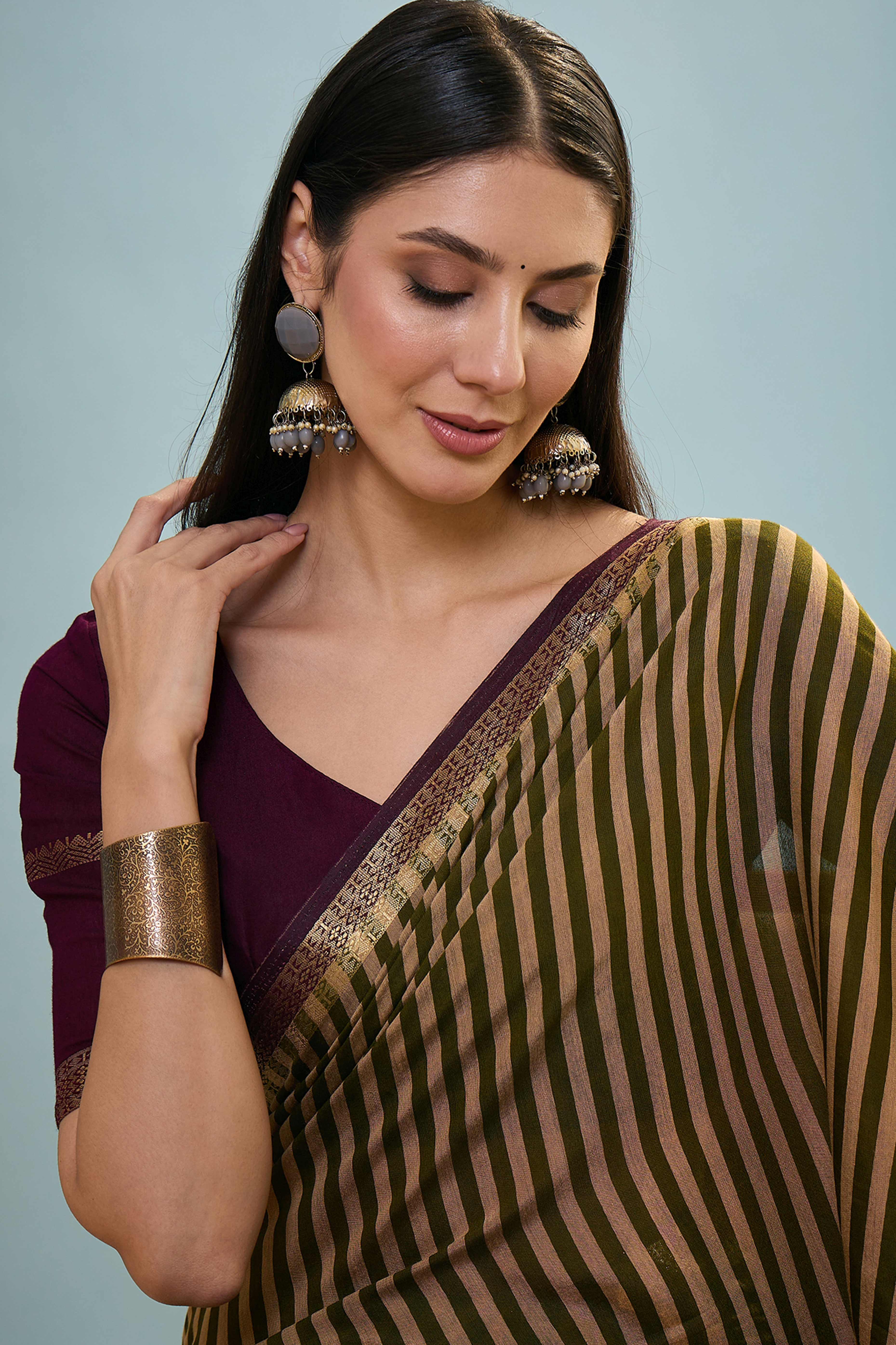 Mehendi Green Striped Printed Viscose Saree with a Subtle Zari Finish