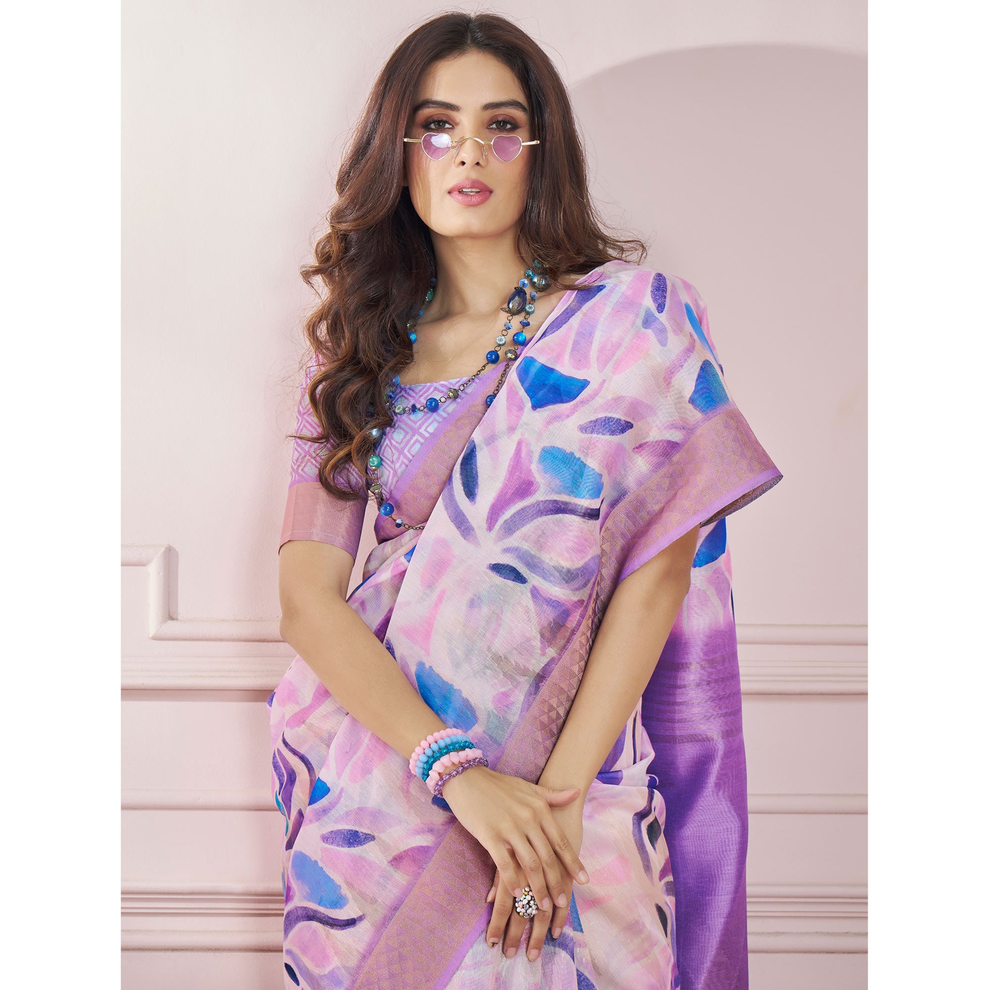 Purple Printed Woven Soft Banarasi Silk Saree