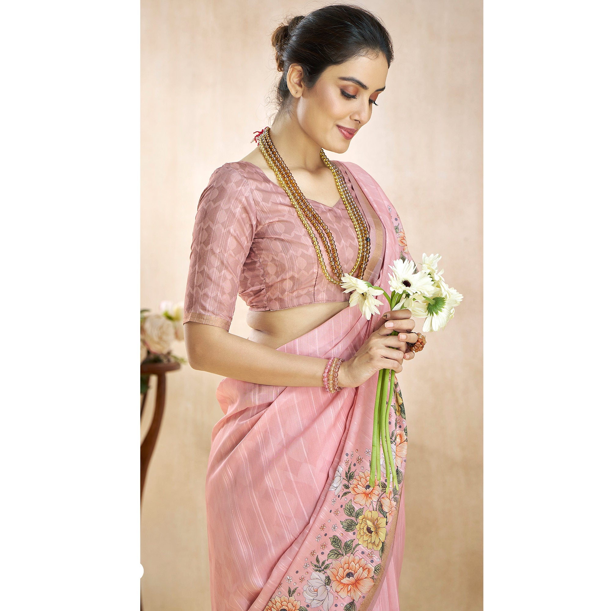 Pink Floral Digital Printed Pure Silk Saree
