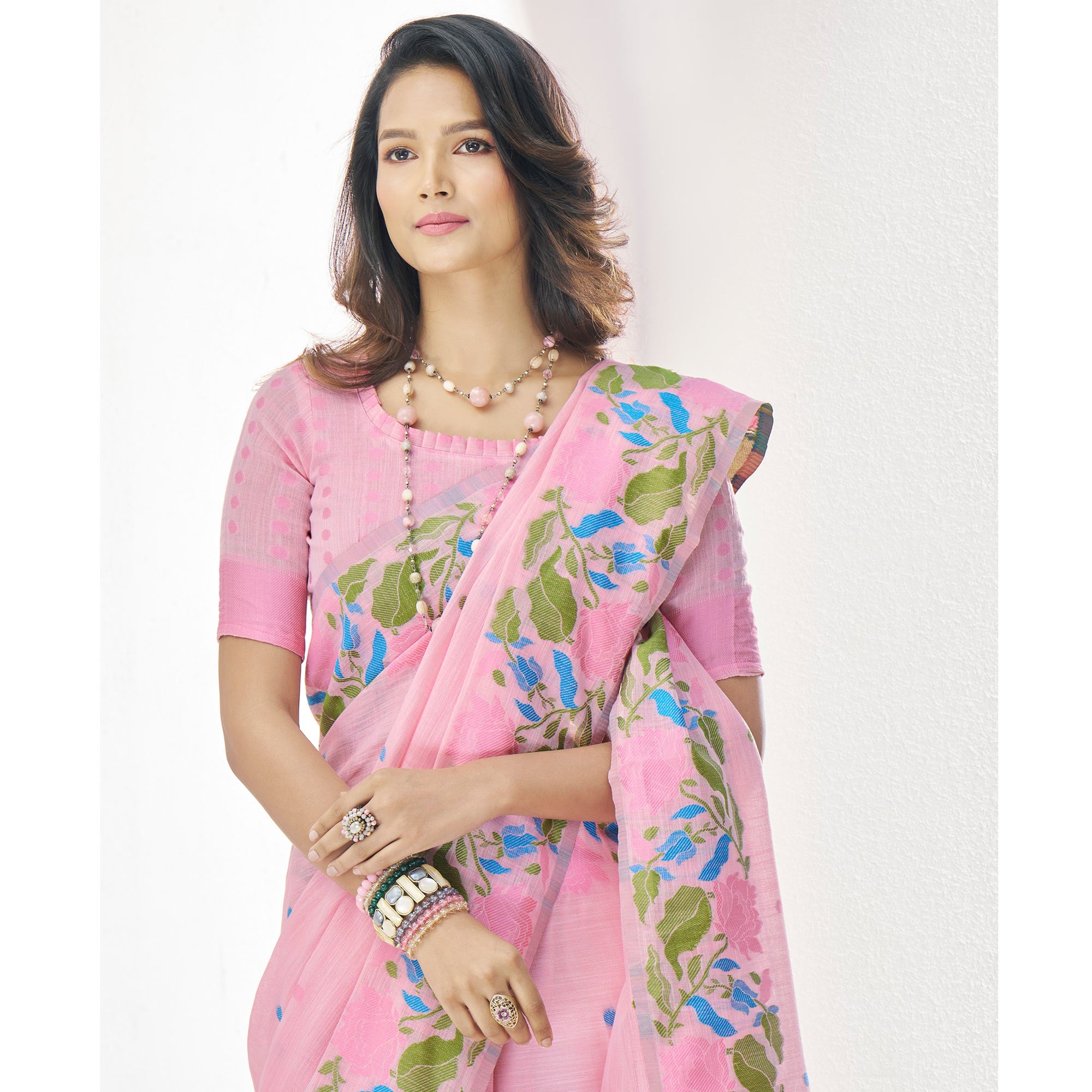 Pink Floral Woven Cotton Silk Saree