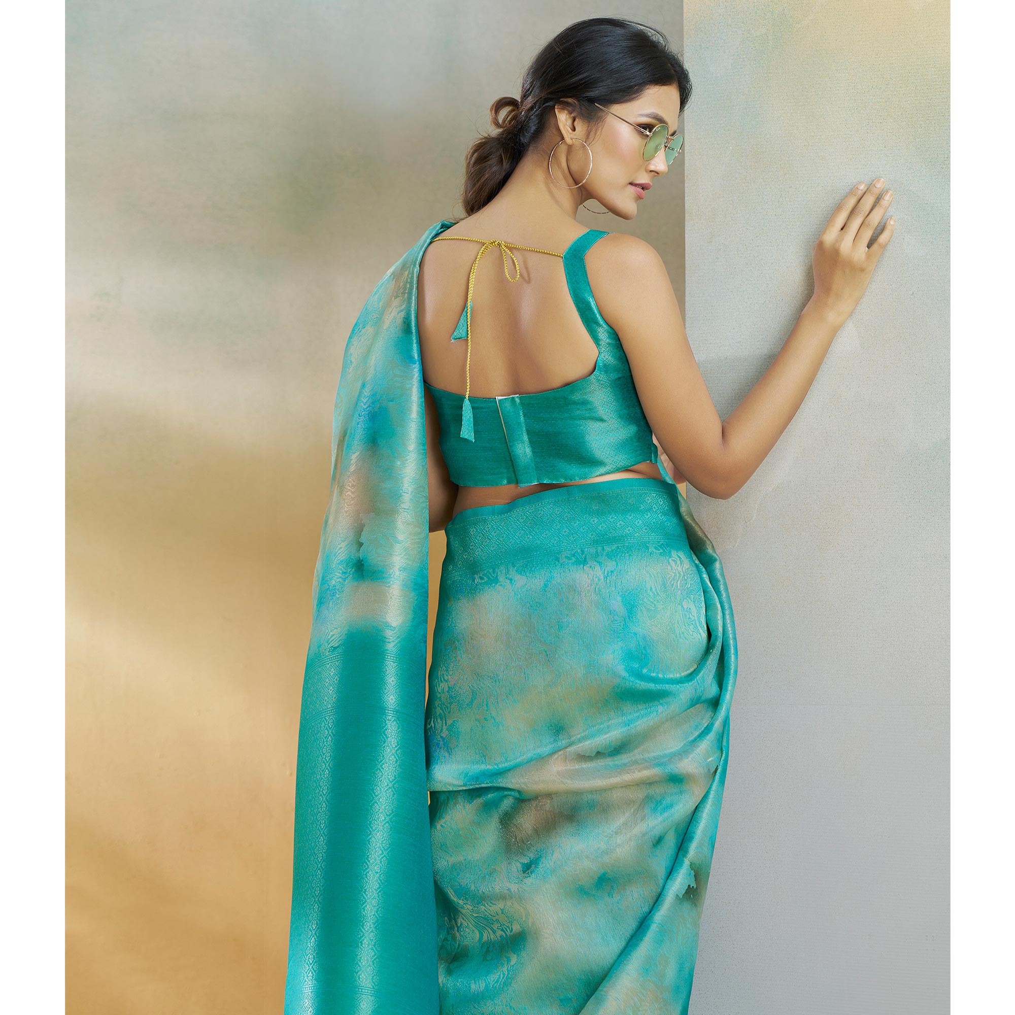Turquoise Woven With Digital Printed Linen Saree