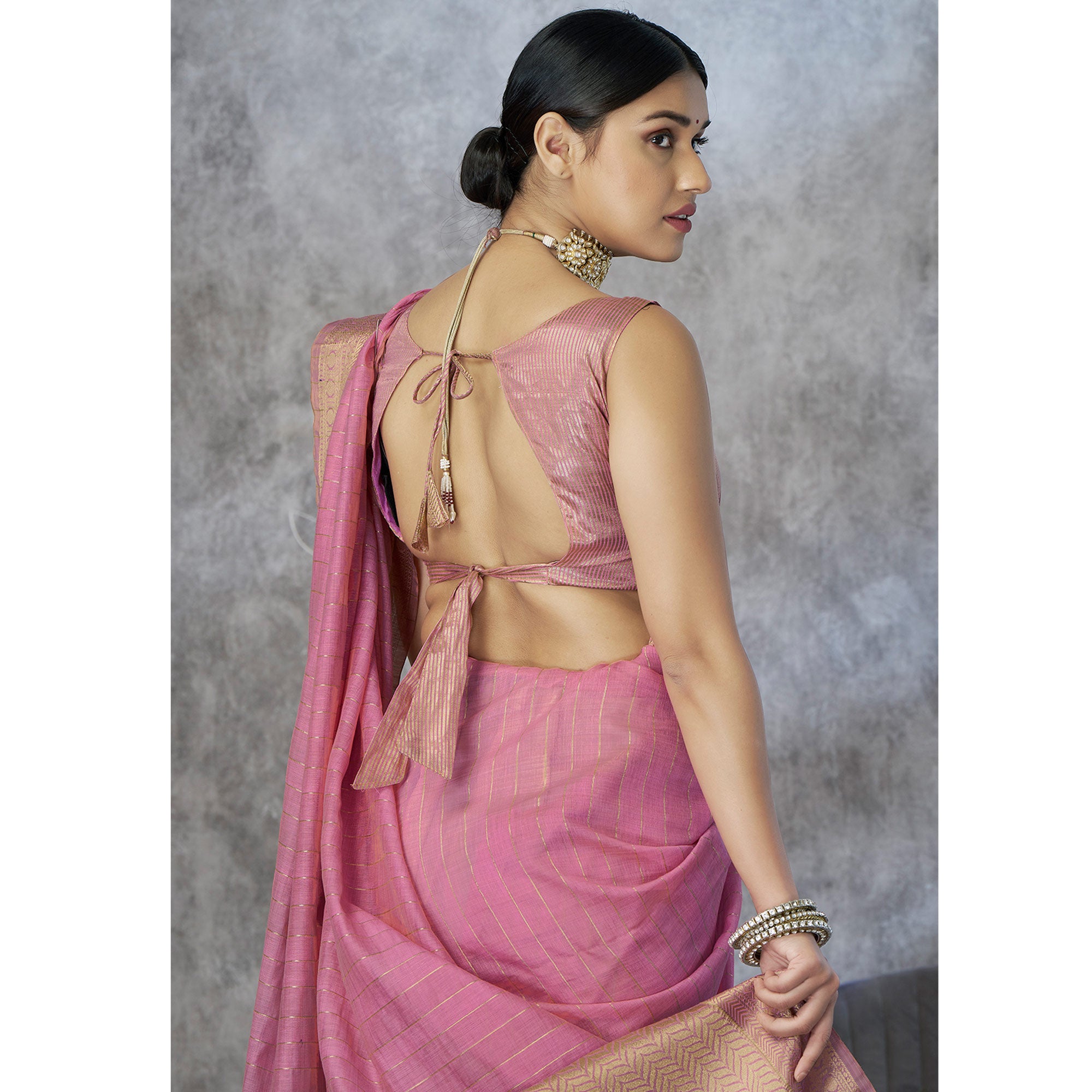 Pink Woven Cotton Silk Saree With Tassels