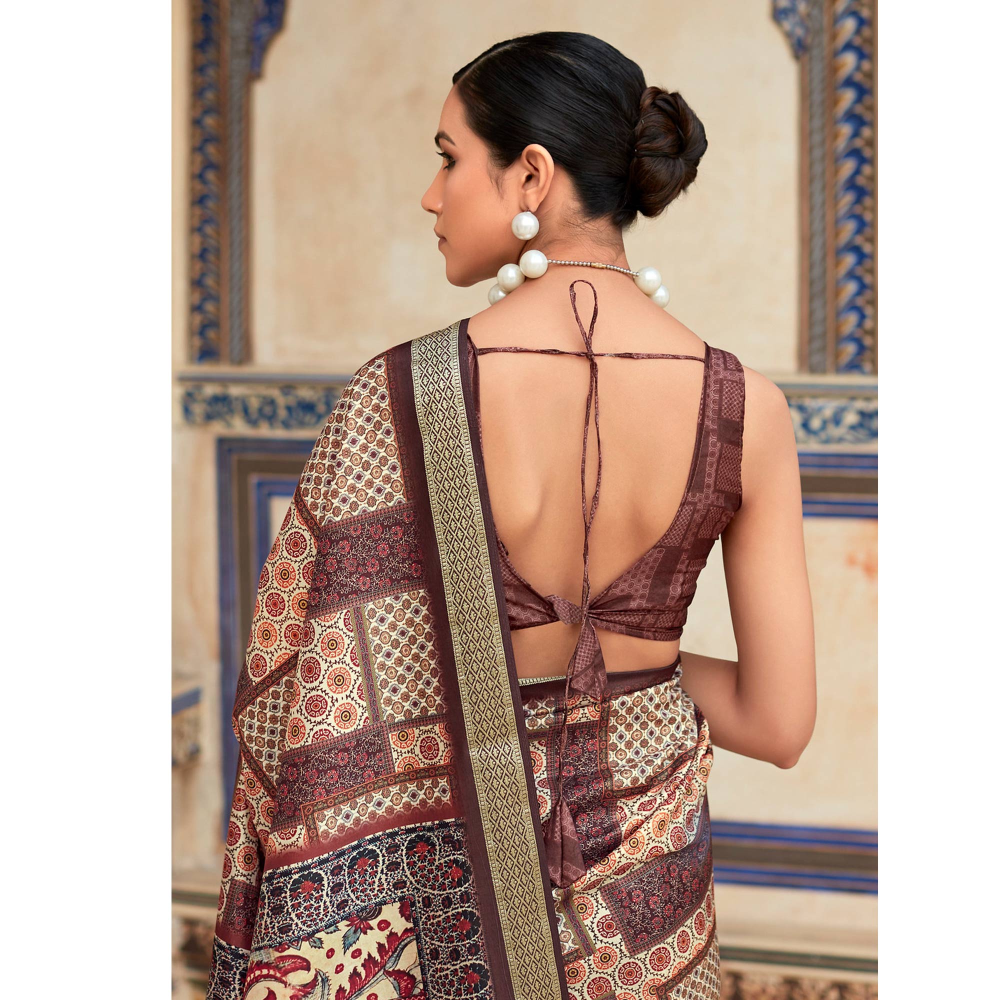 Beige & Brown Printed Dola Silk Saree