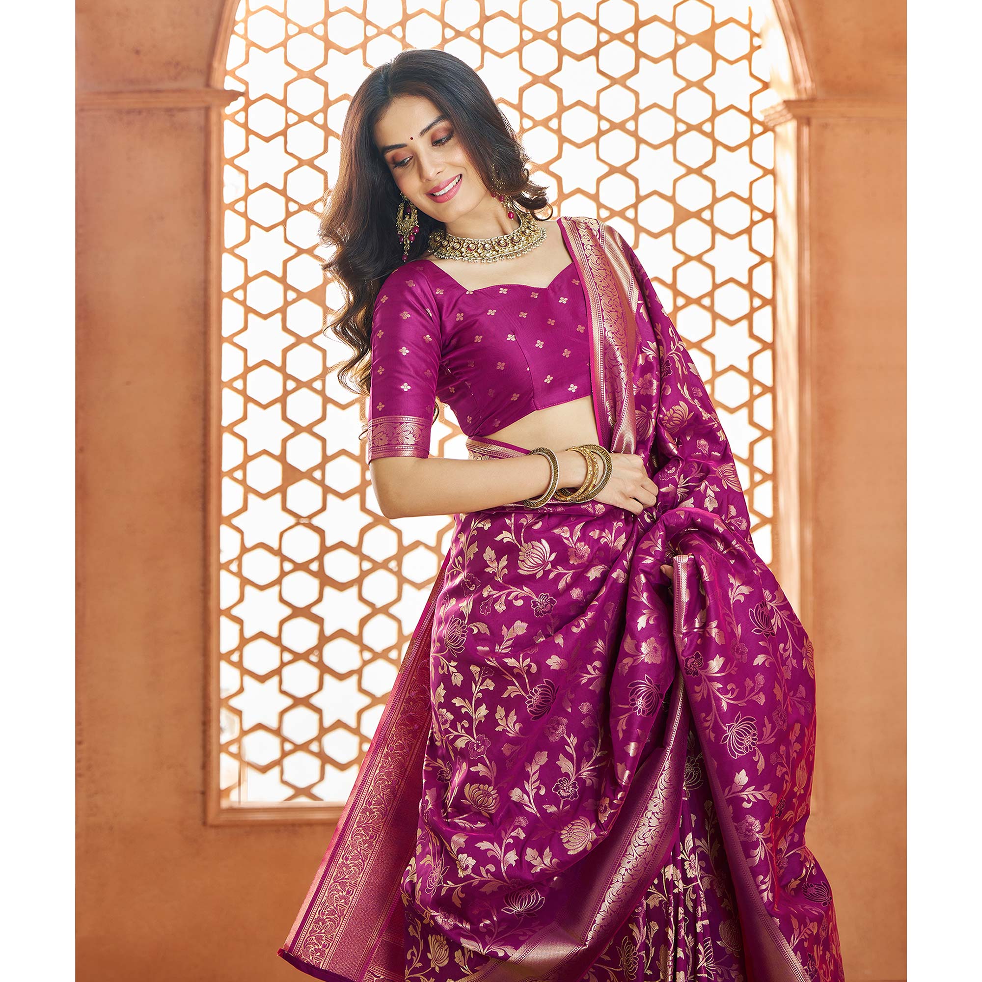 Purple Floral Woven Pure Banarasi Silk Saree