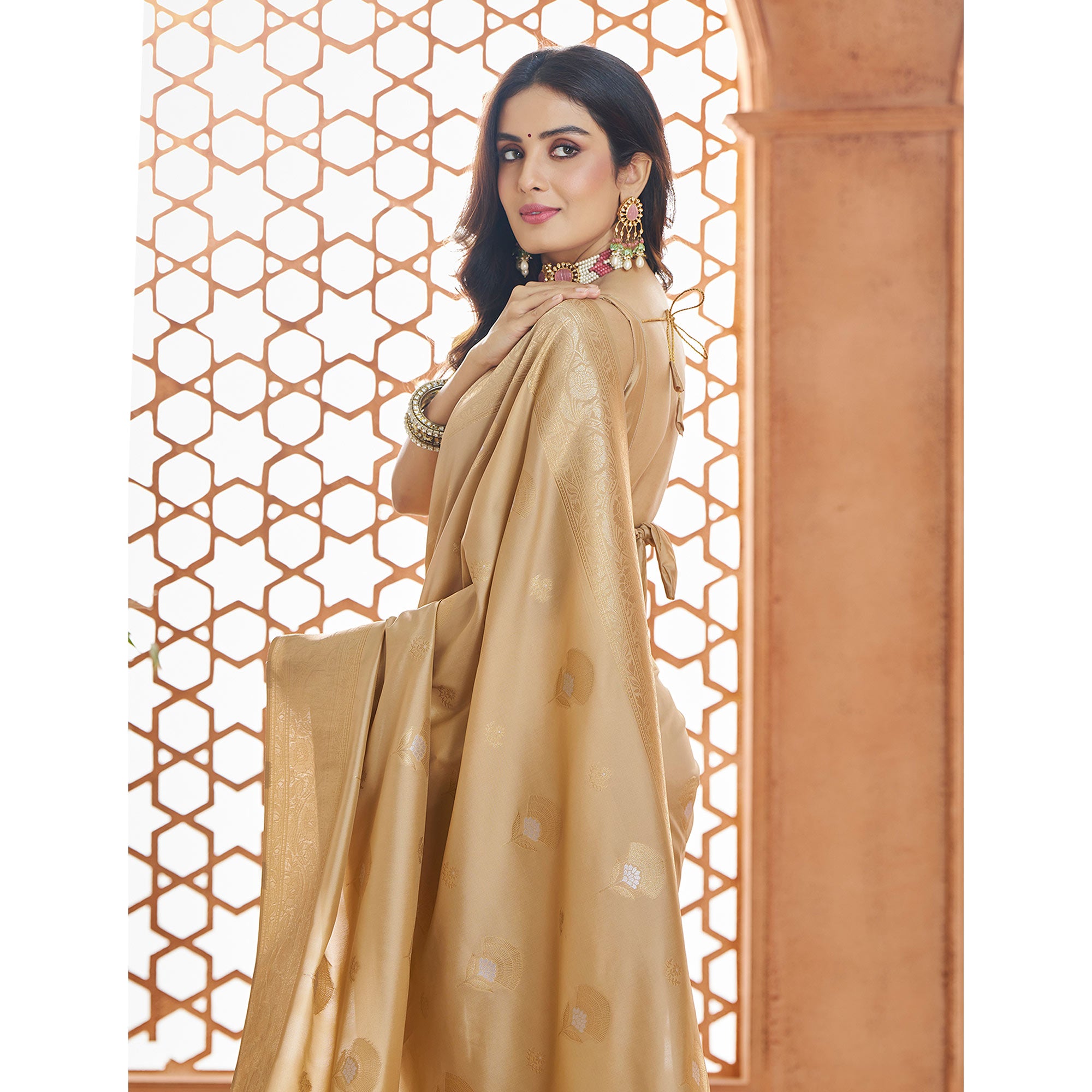 Beige Floral Woven Pure Banarasi Silk Saree