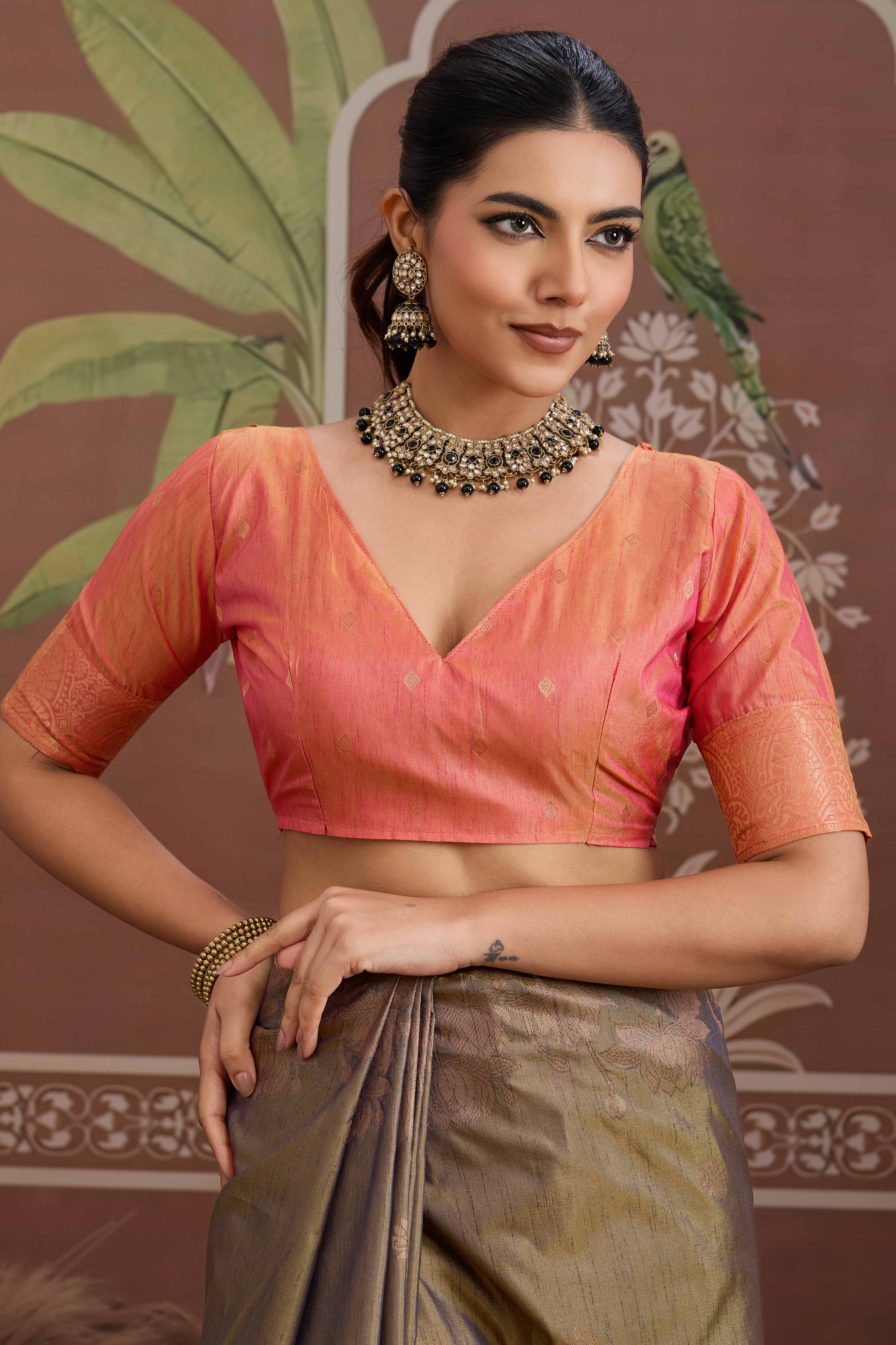 Luxury Olive Pichwai Style Saree in Silk Blend with Intricate Zari Work