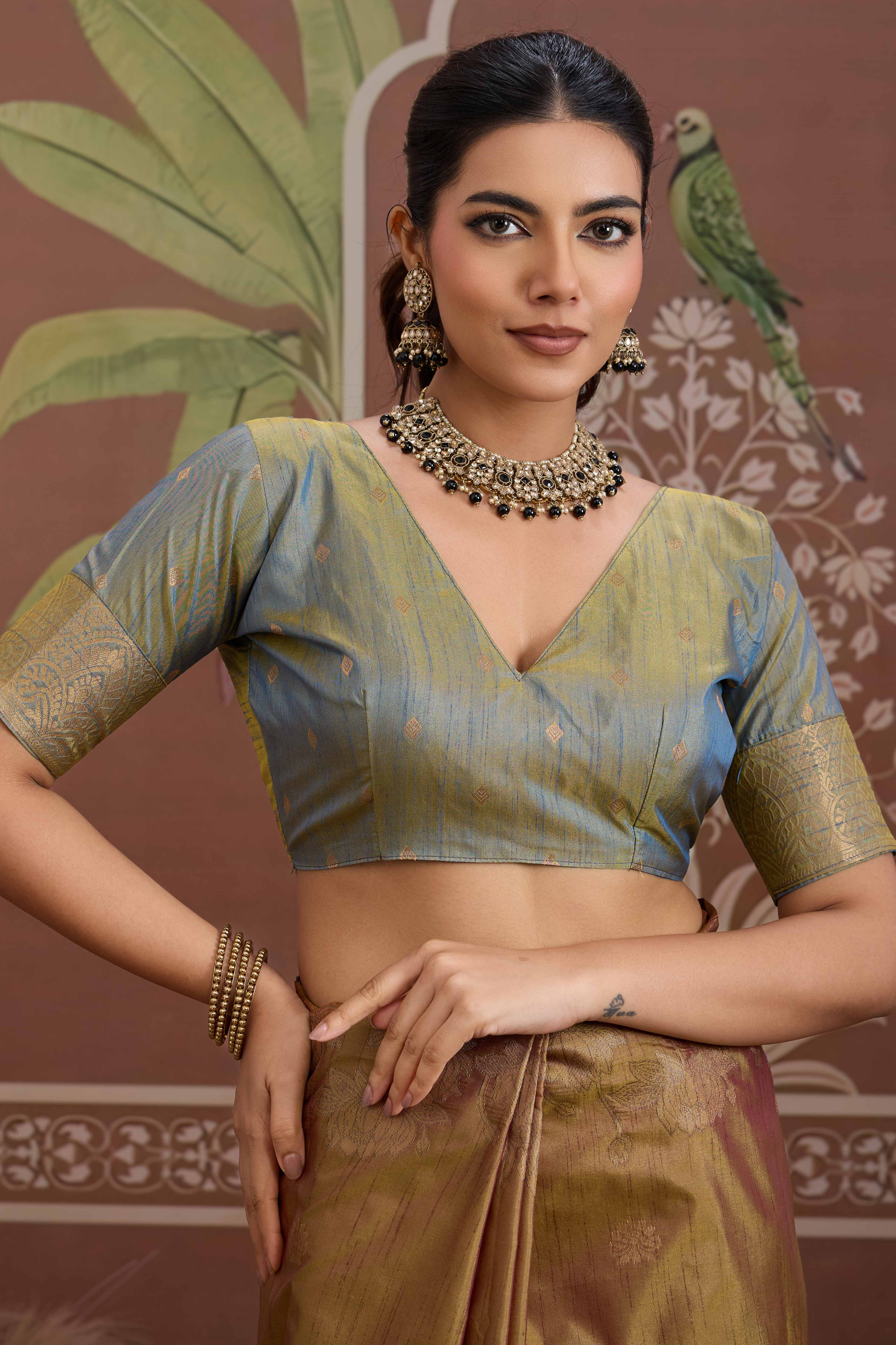 Luxury Brownish Gold Pichwai Style Saree in Silk Blend with Intricate Zari Work