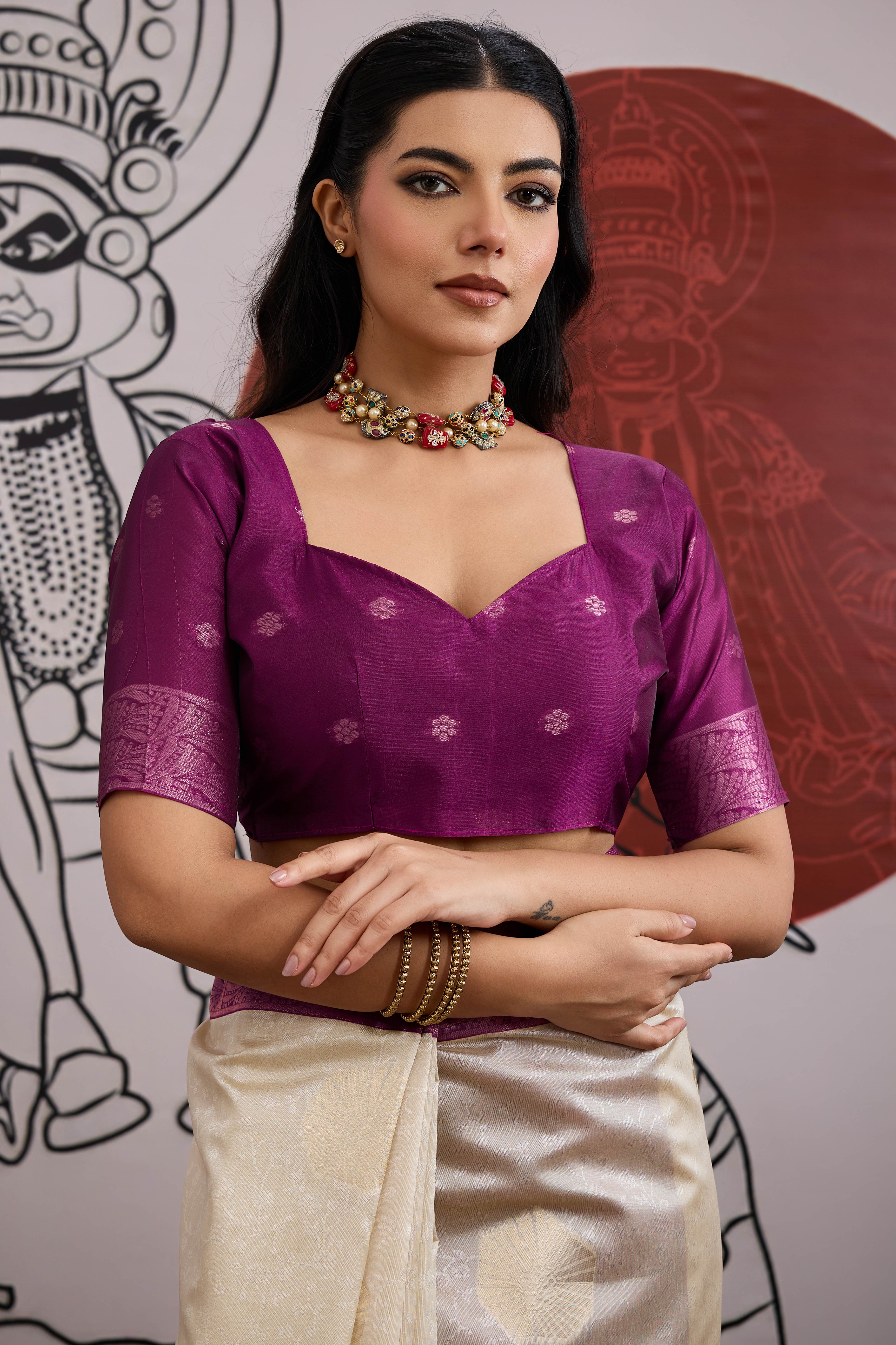 Graceful Cream & Purple Zari Weaving Silk Saree Highlighted By Decorative Tassel Pallu