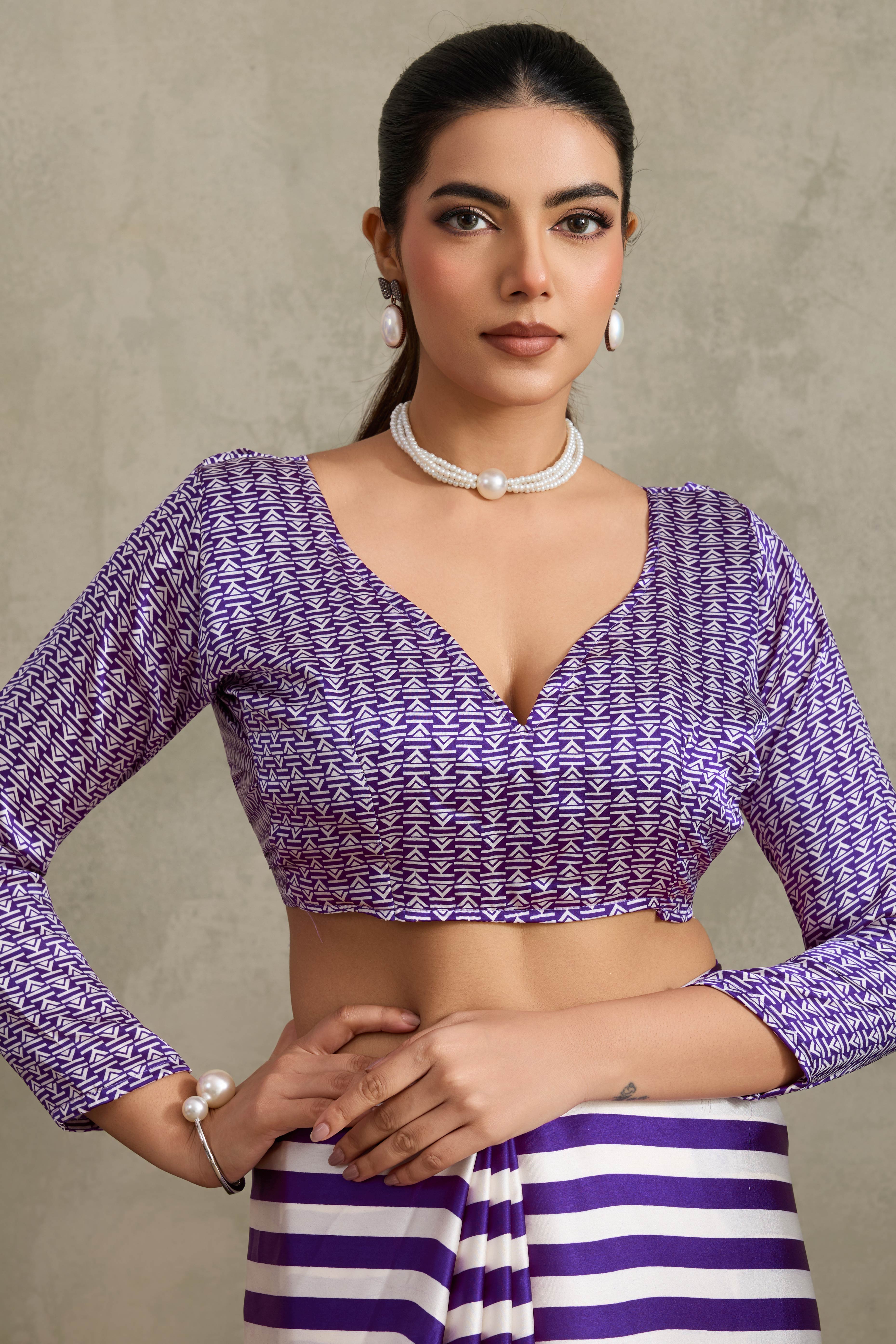 Purple Elegant Ajrakh Printed Modal Satin Saree Designed for Festive & Party Occasions