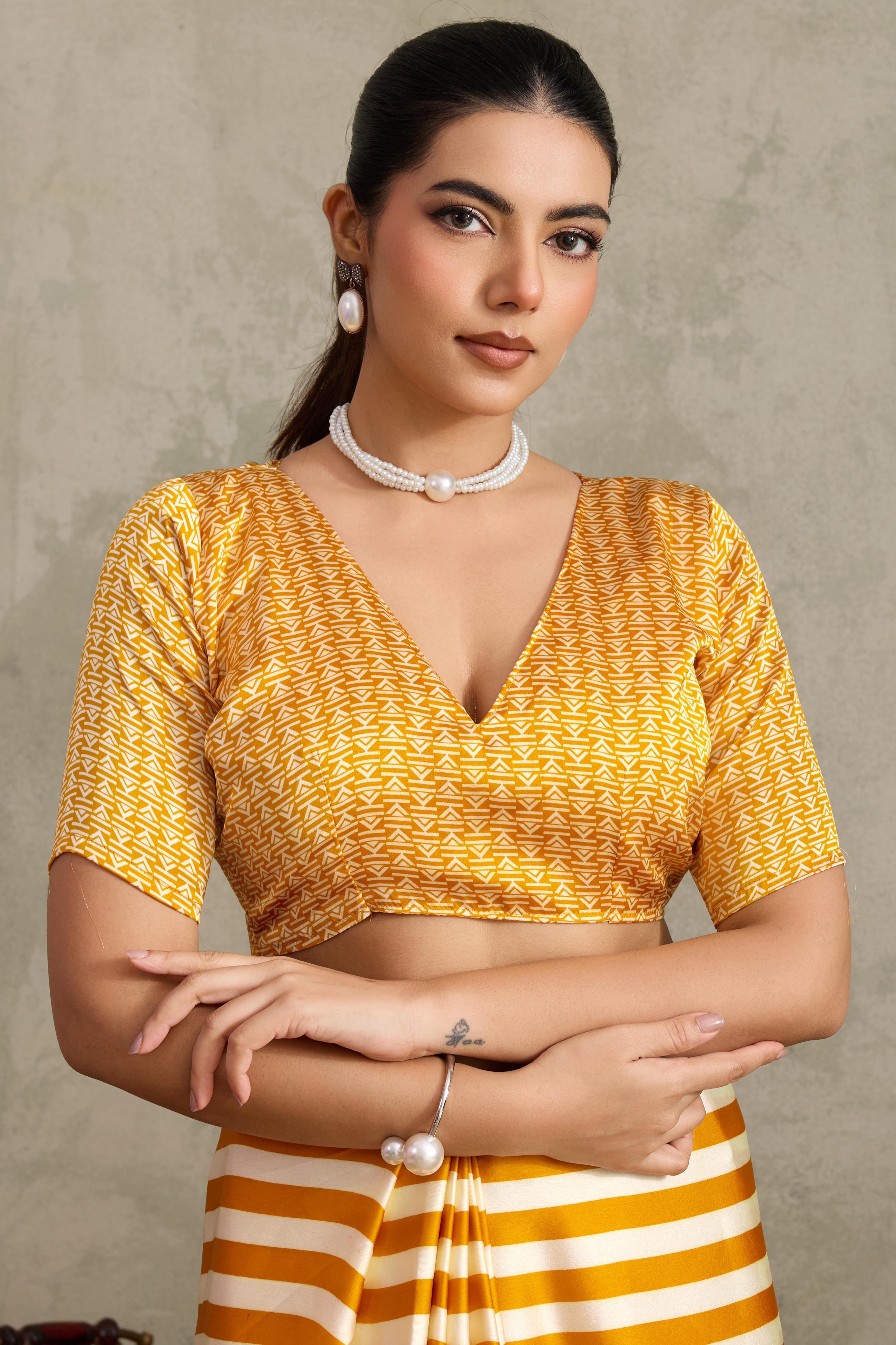 Mustard Elegant Ajrakh Printed Modal Satin Saree Designed for Festive & Party Occasions