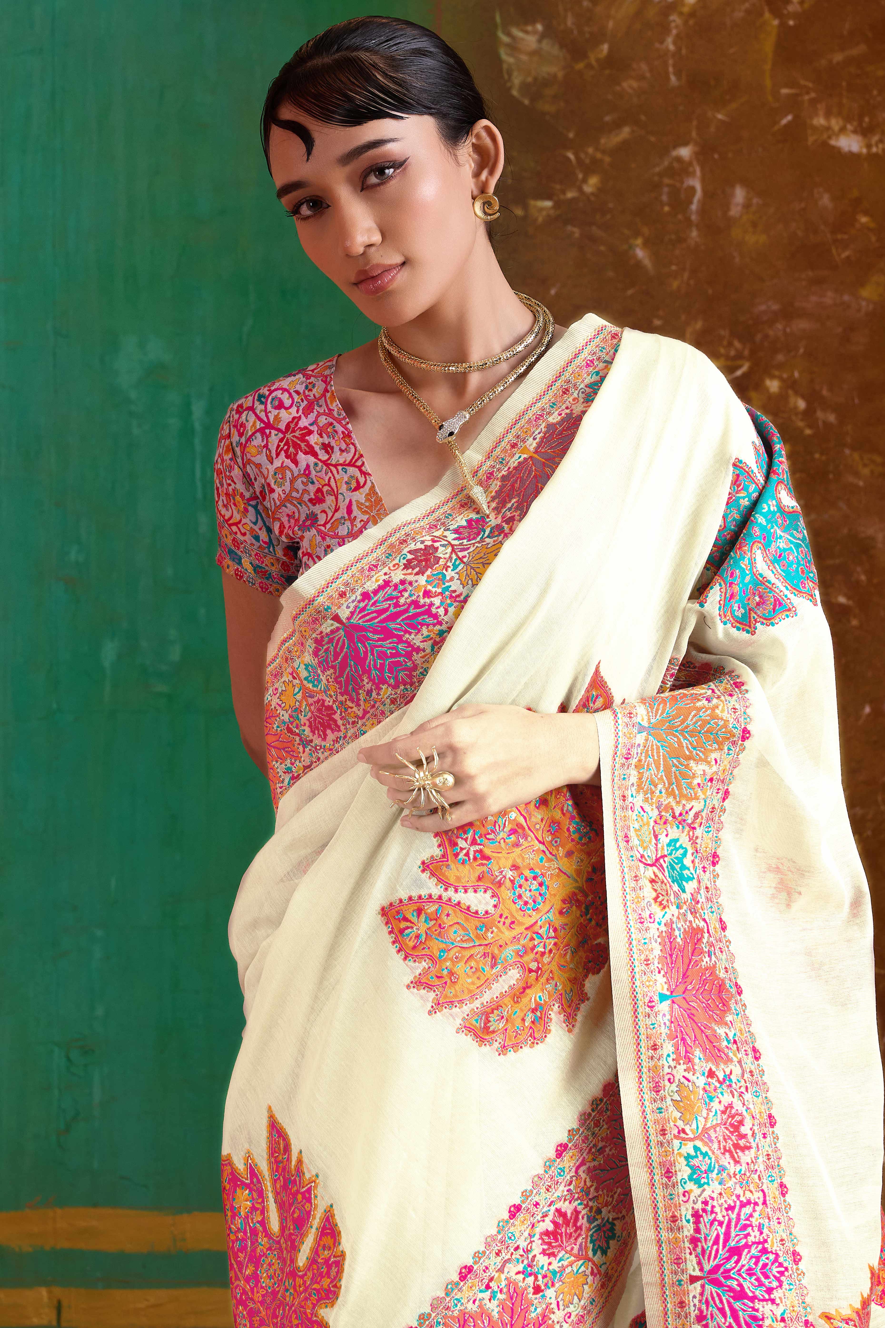 Luxurious Offwhite Leaf Motif Pashmina Weaving Modal Cotton Blend Saree With Refined Appeal