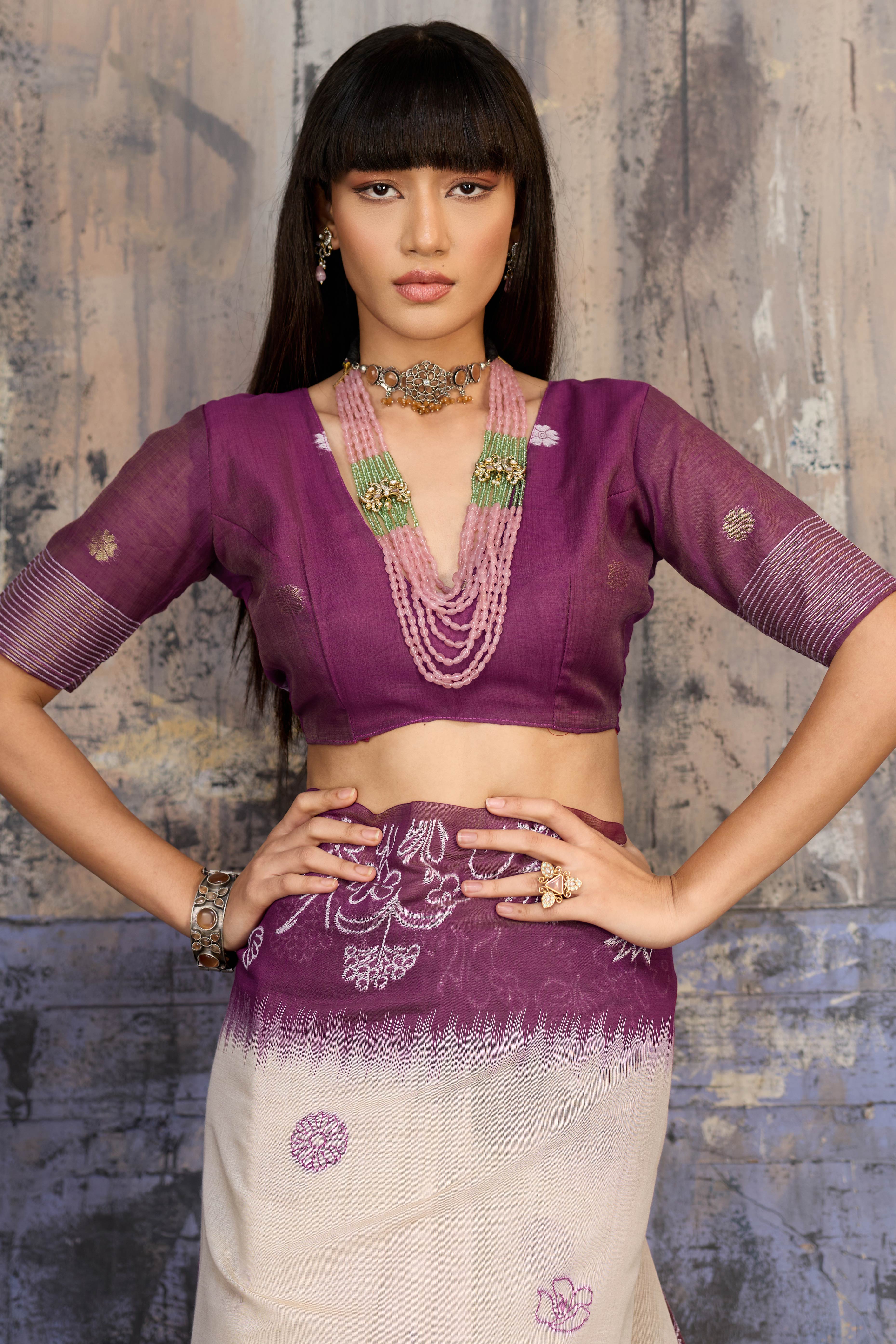 Beige & Purple Classic Munga Cotton Blend Saree with Intricate Floral Woven Detailing
