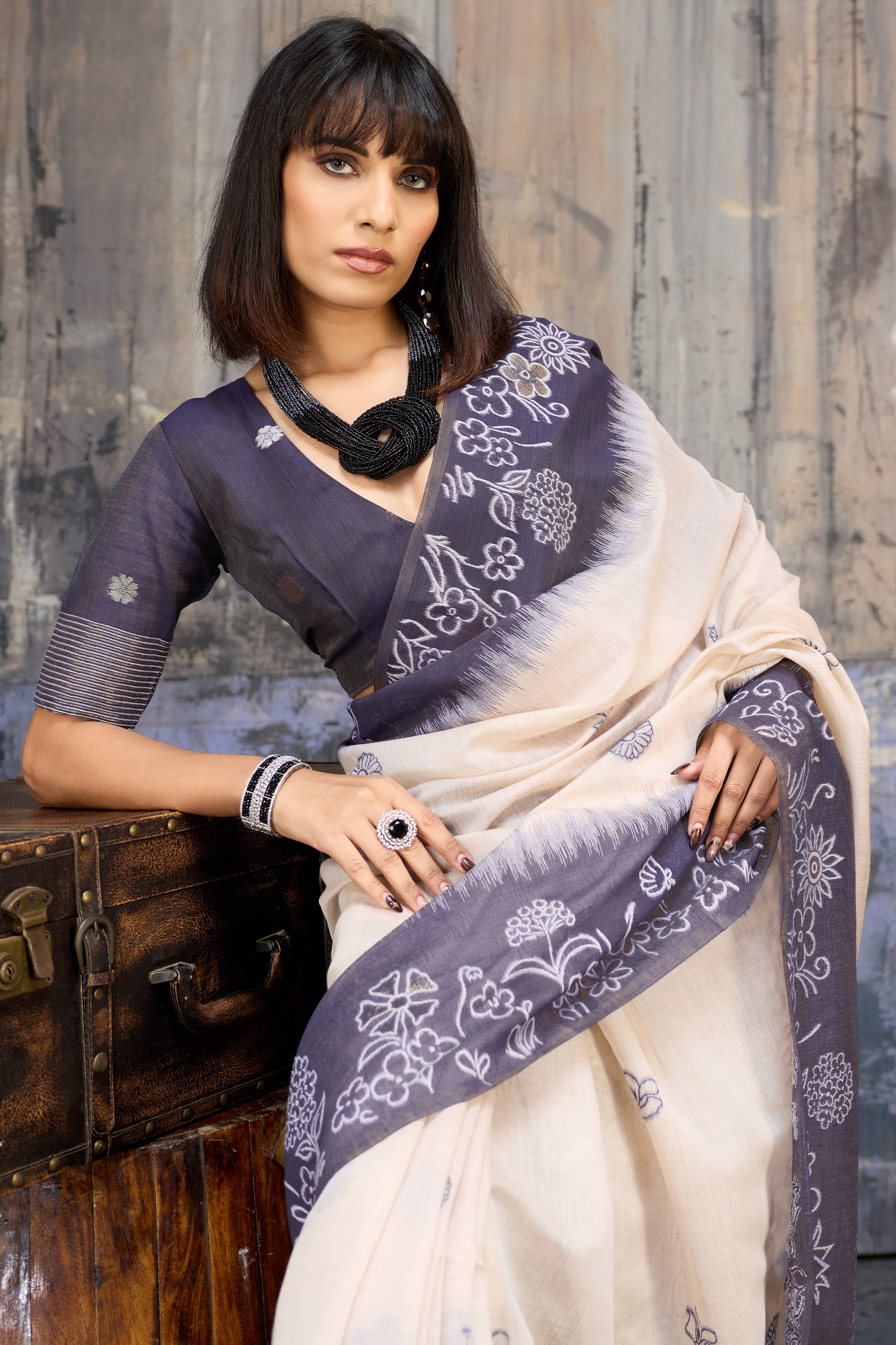 Beige & Blue Classic Munga Cotton Blend Saree with Intricate Floral Woven Detailing