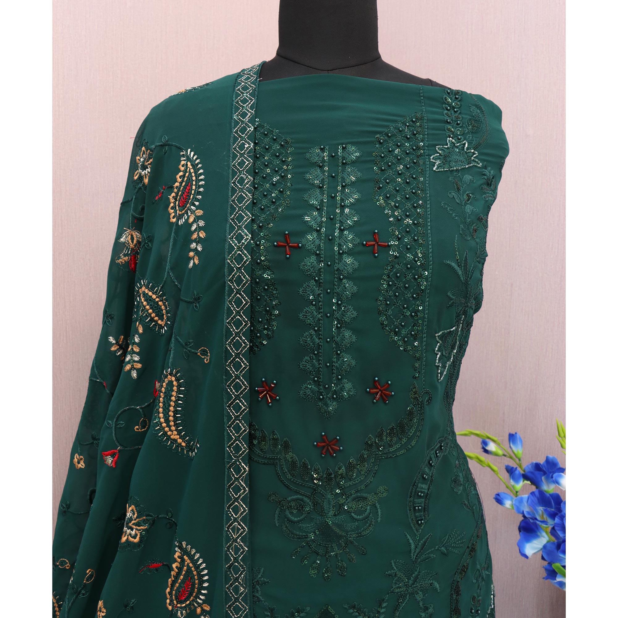 Green Embroidered Georgette Semi Stitched Pakistani Suit