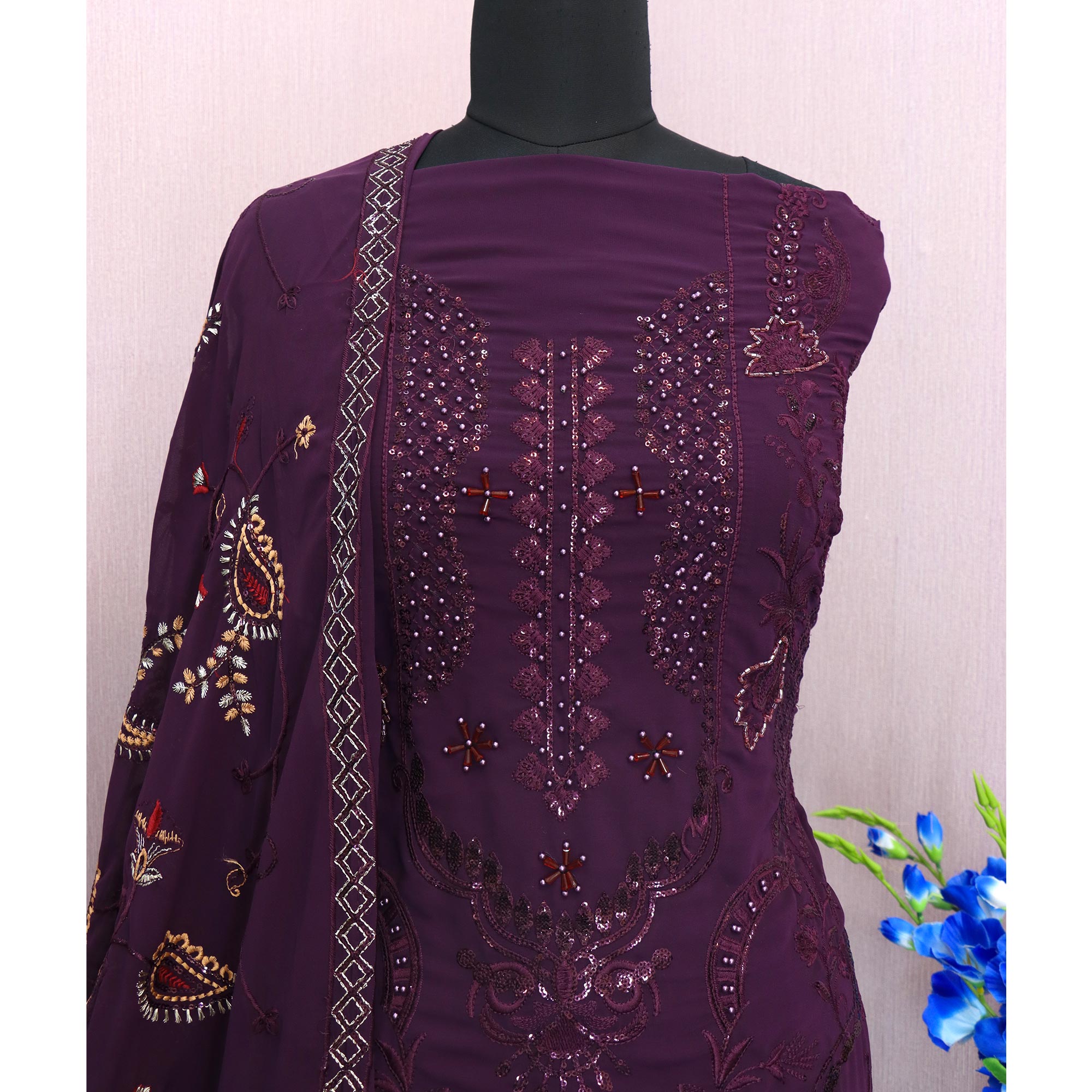 Purple Embroidered Georgette Semi Stitched Pakistani Suit