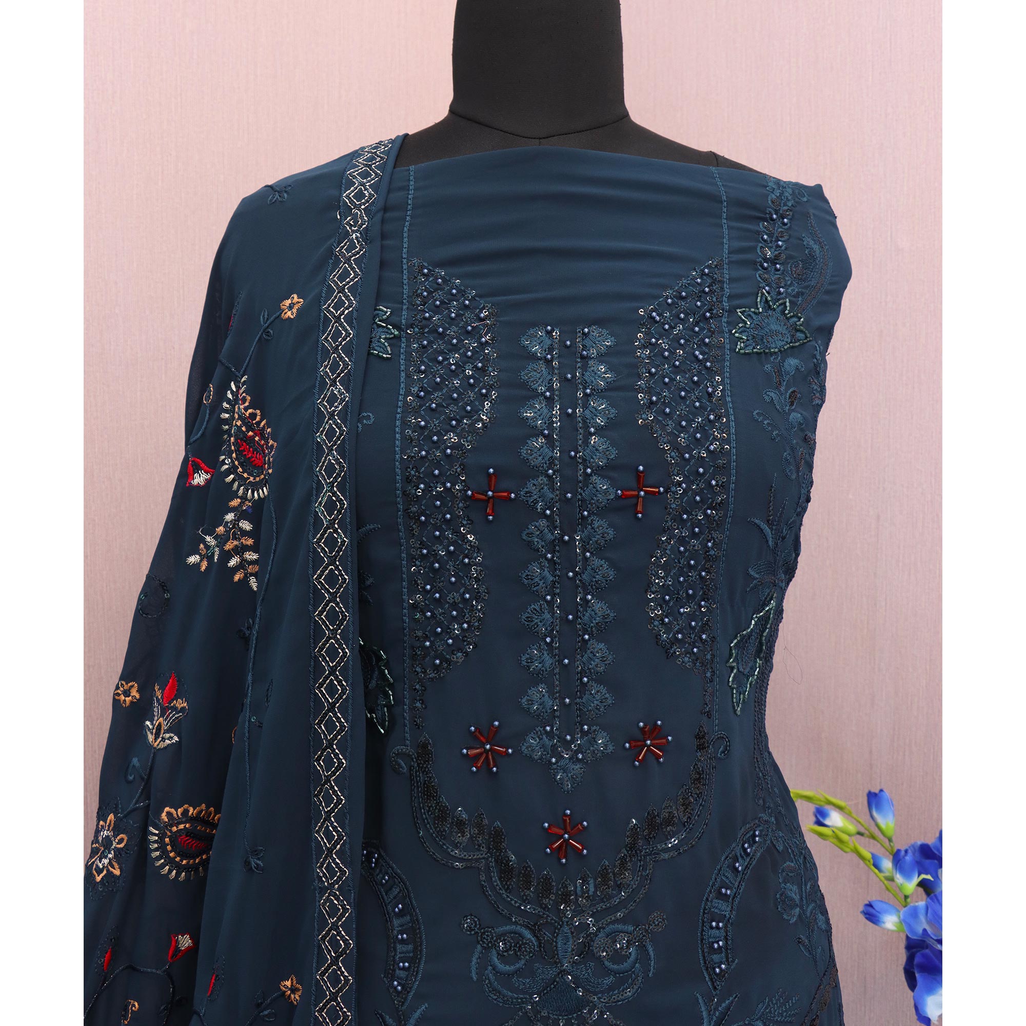 Blue Embroidered Georgette Semi Stitched Pakistani Suit
