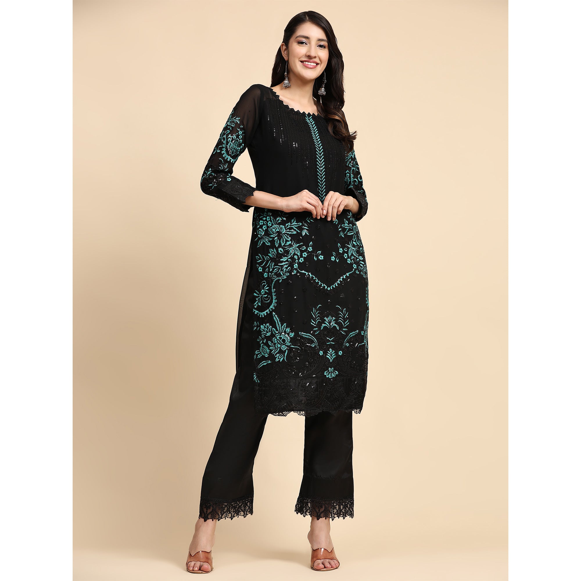 Black & Blue Floral Embroidered Georgette Semi Stitched Pakistani Suit
