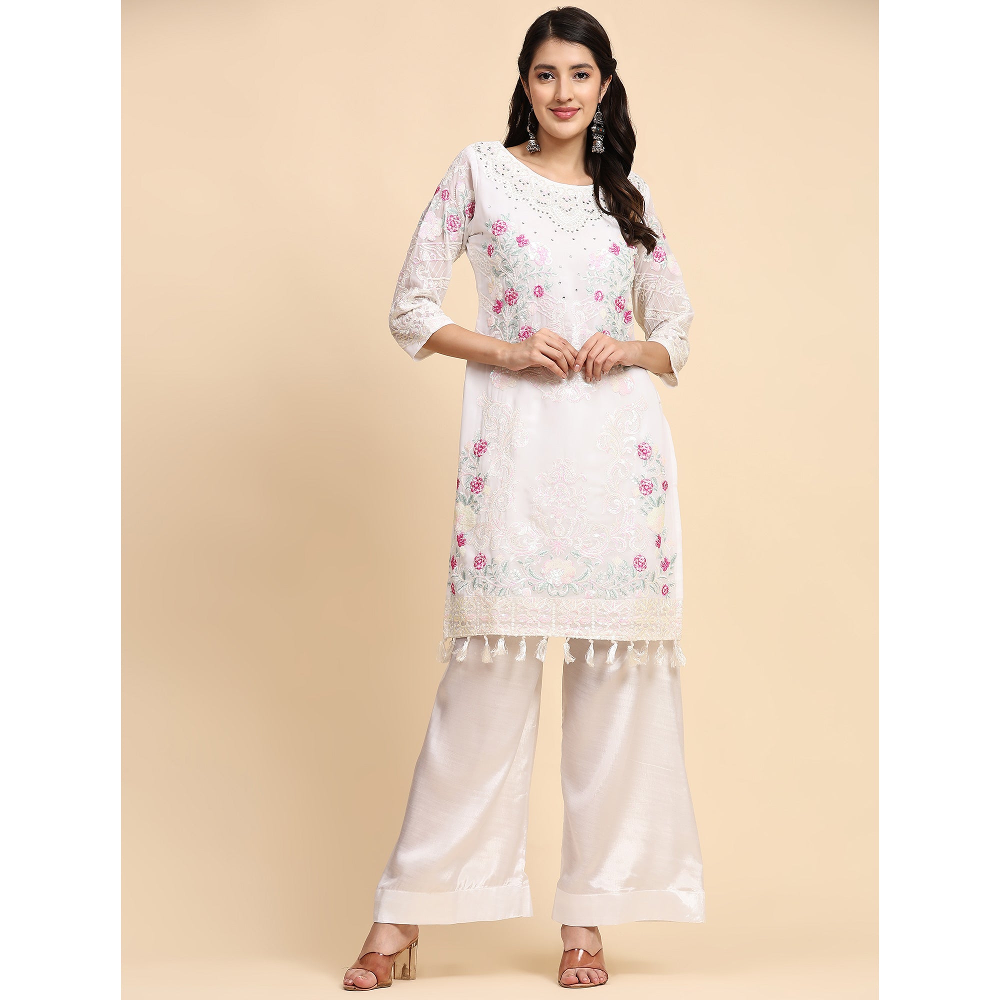 White & Pink Floral Sequins Embroidered Georgette Semi Stitched Pakistani Suit