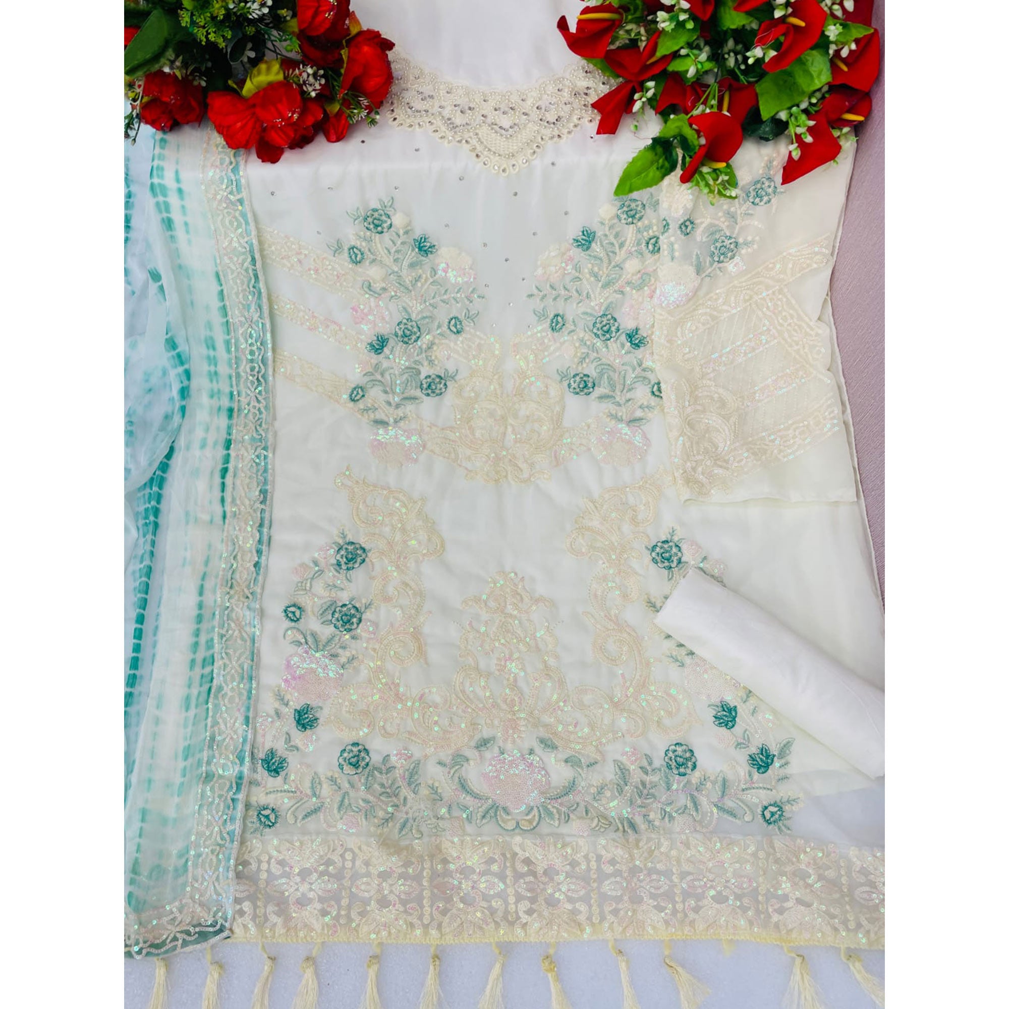 White & Rama Green Floral Sequins Embroidered Georgette Semi Stitched Pakistani Suit