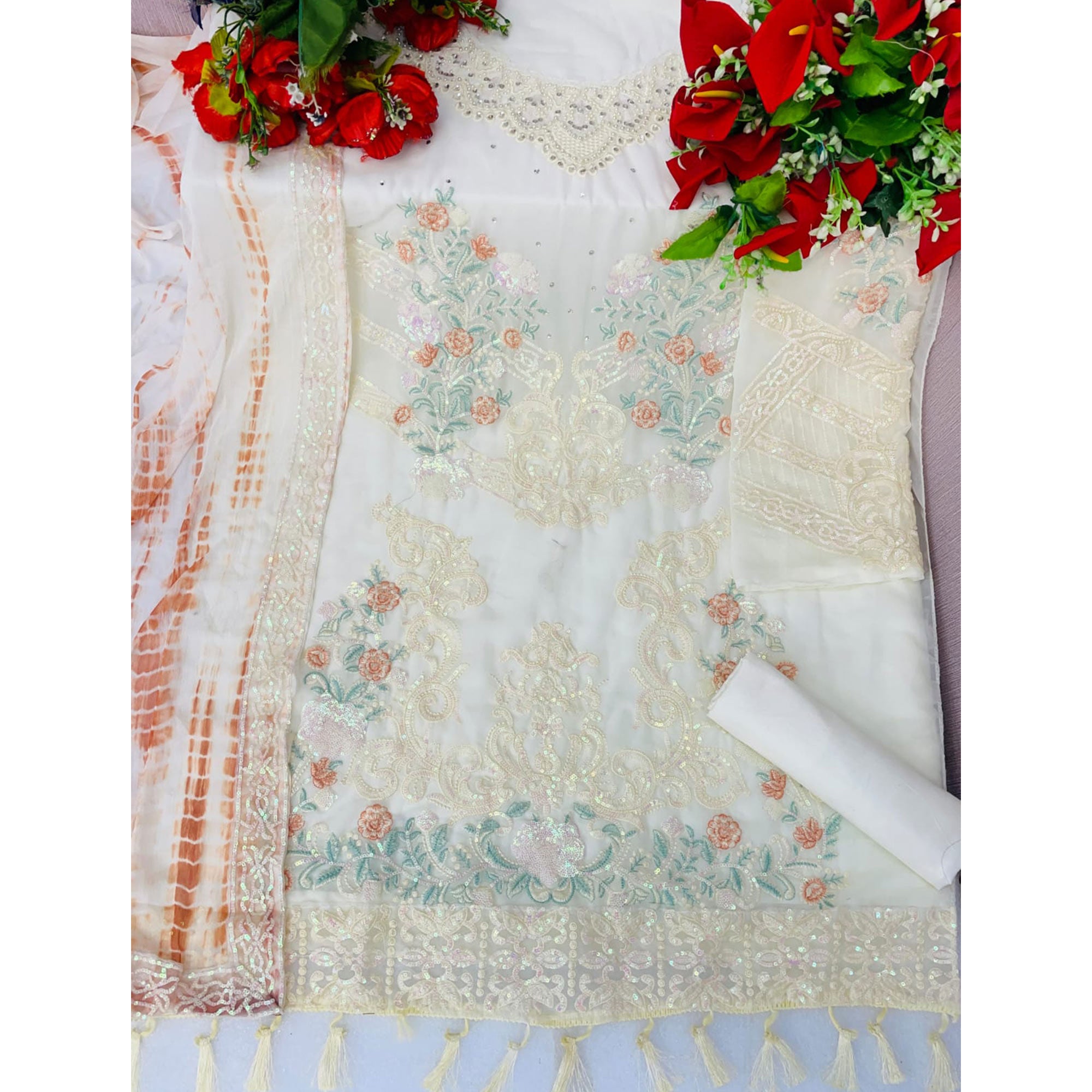 White & Orange Floral Sequins Embroidered Georgette Semi Stitched Pakistani Suit