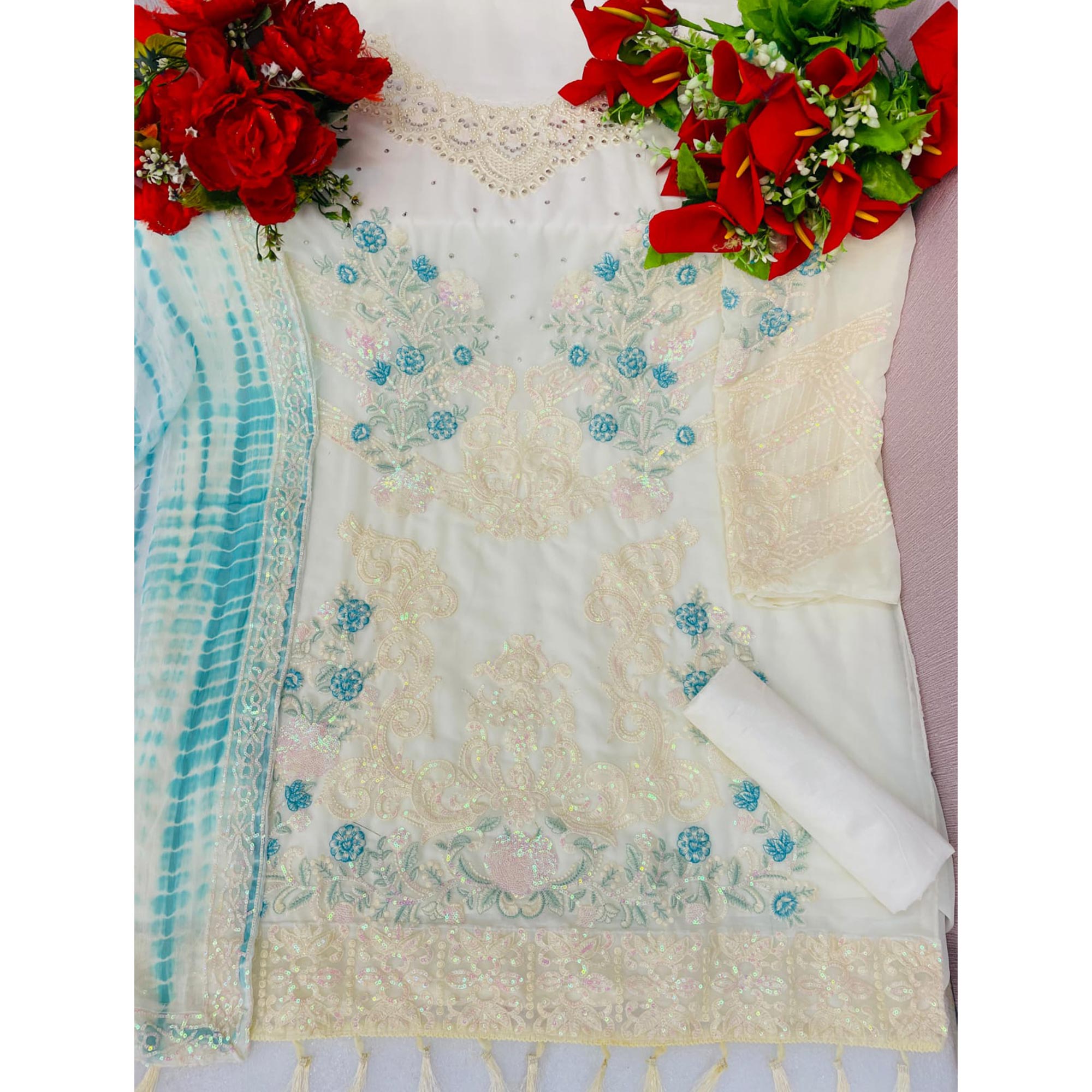 White & Blue Floral Sequins Embroidered Georgette Semi Stitched Pakistani Suit