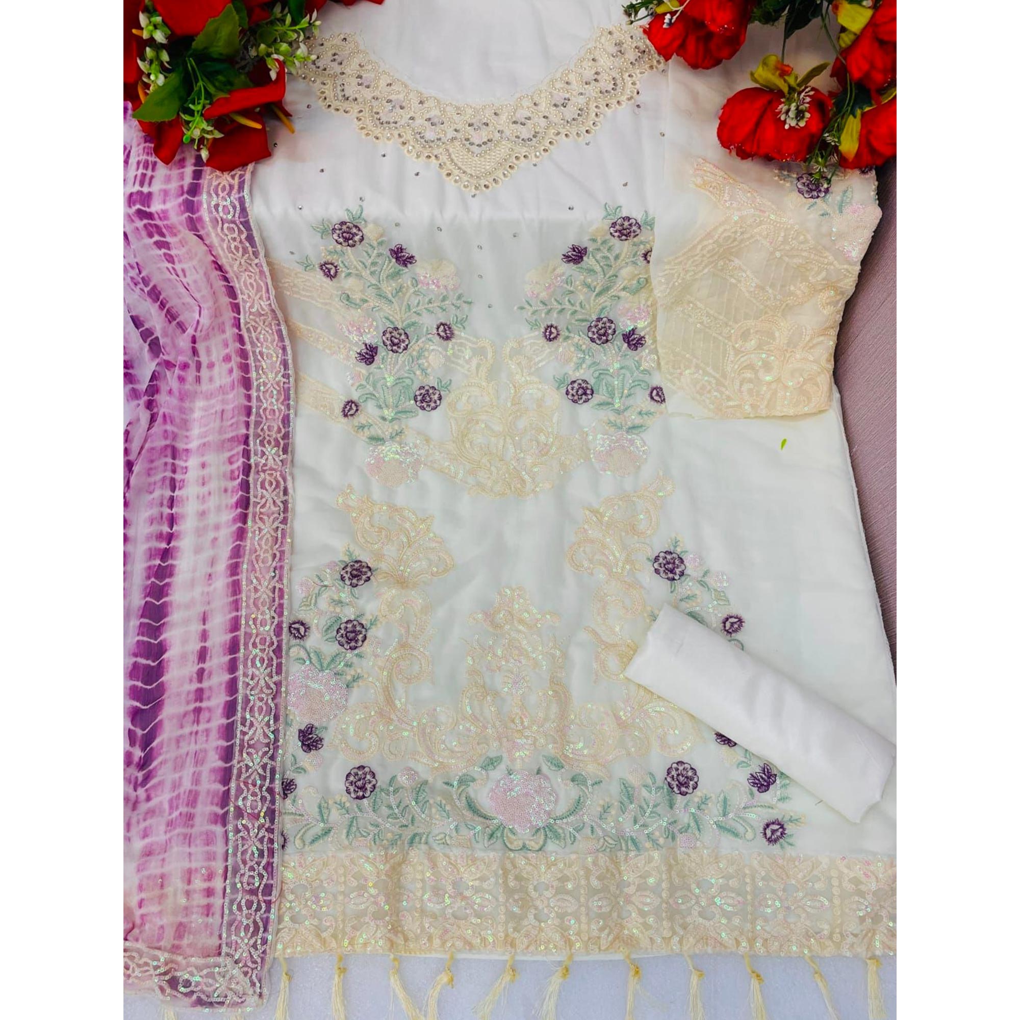 White & Purple Floral Sequins Embroidered Georgette Semi Stitched Pakistani Suit