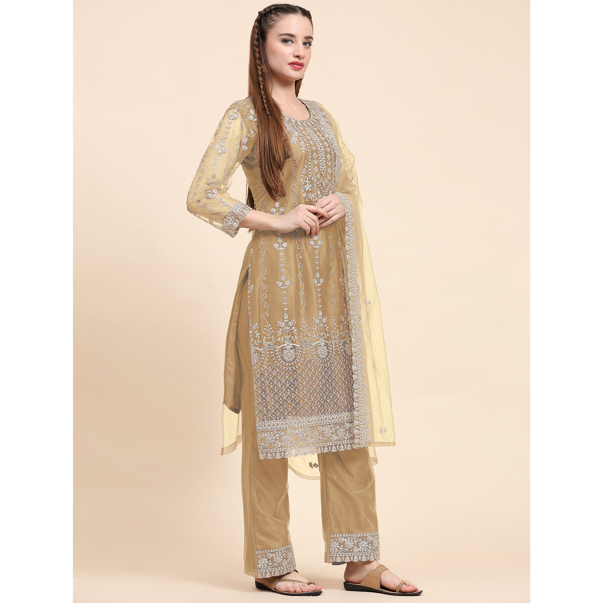 Beige Sequins Embroidered Net Semi Stitched Pakistani Suit