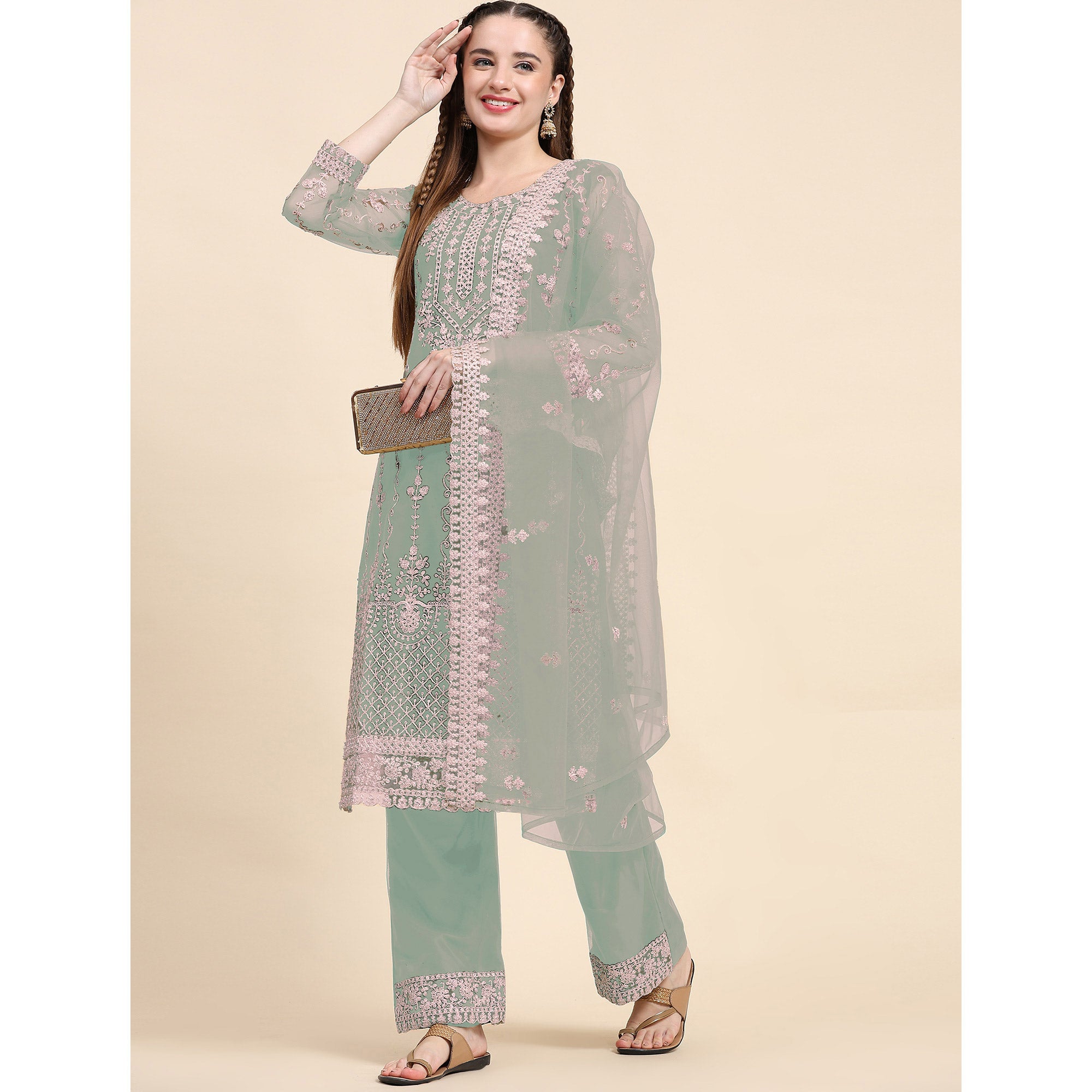 Green Sequins Embroidered Net Semi Stitched Pakistani Suit
