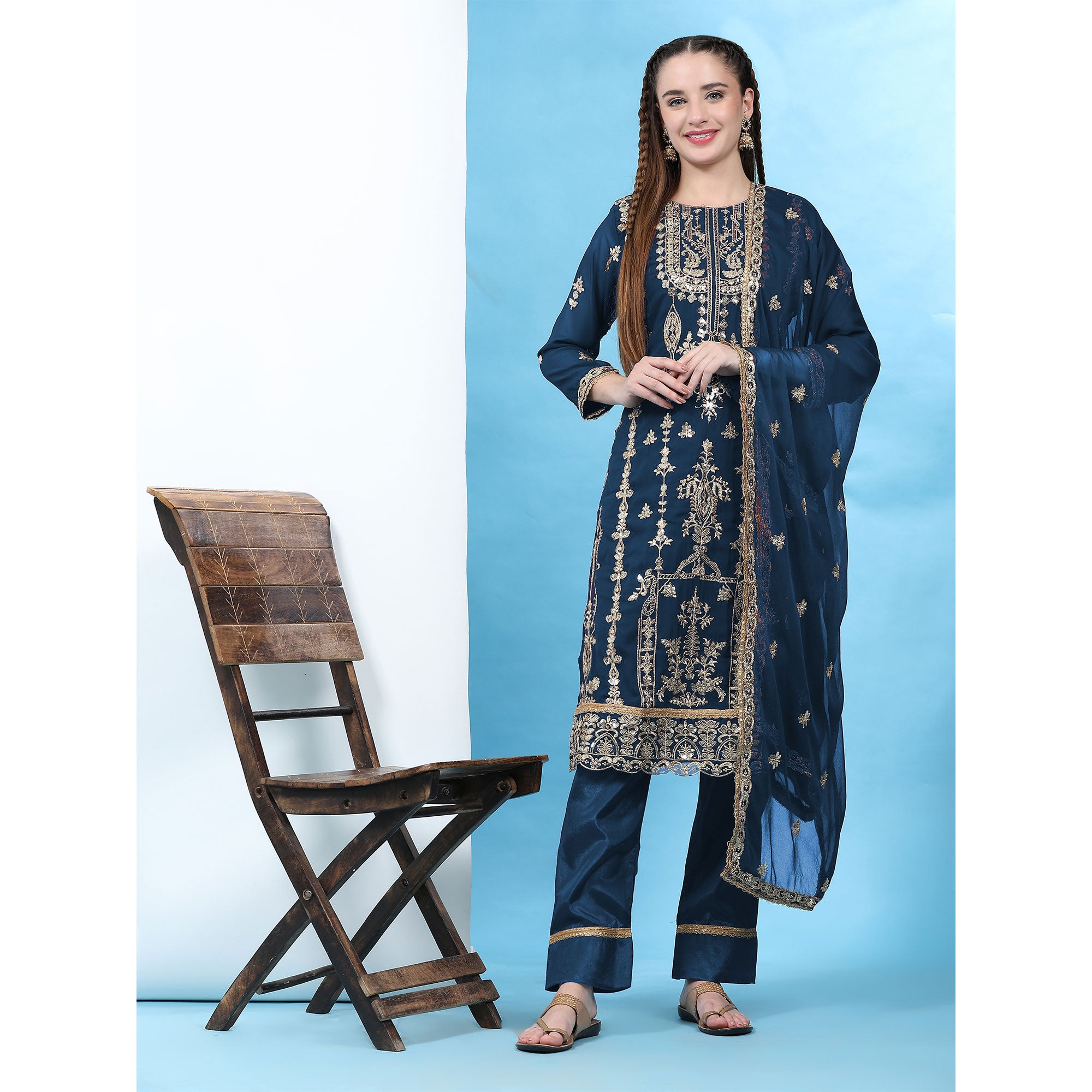 Blue Sequins Embroidered Georgette Semi Stitched Pakistani Suit