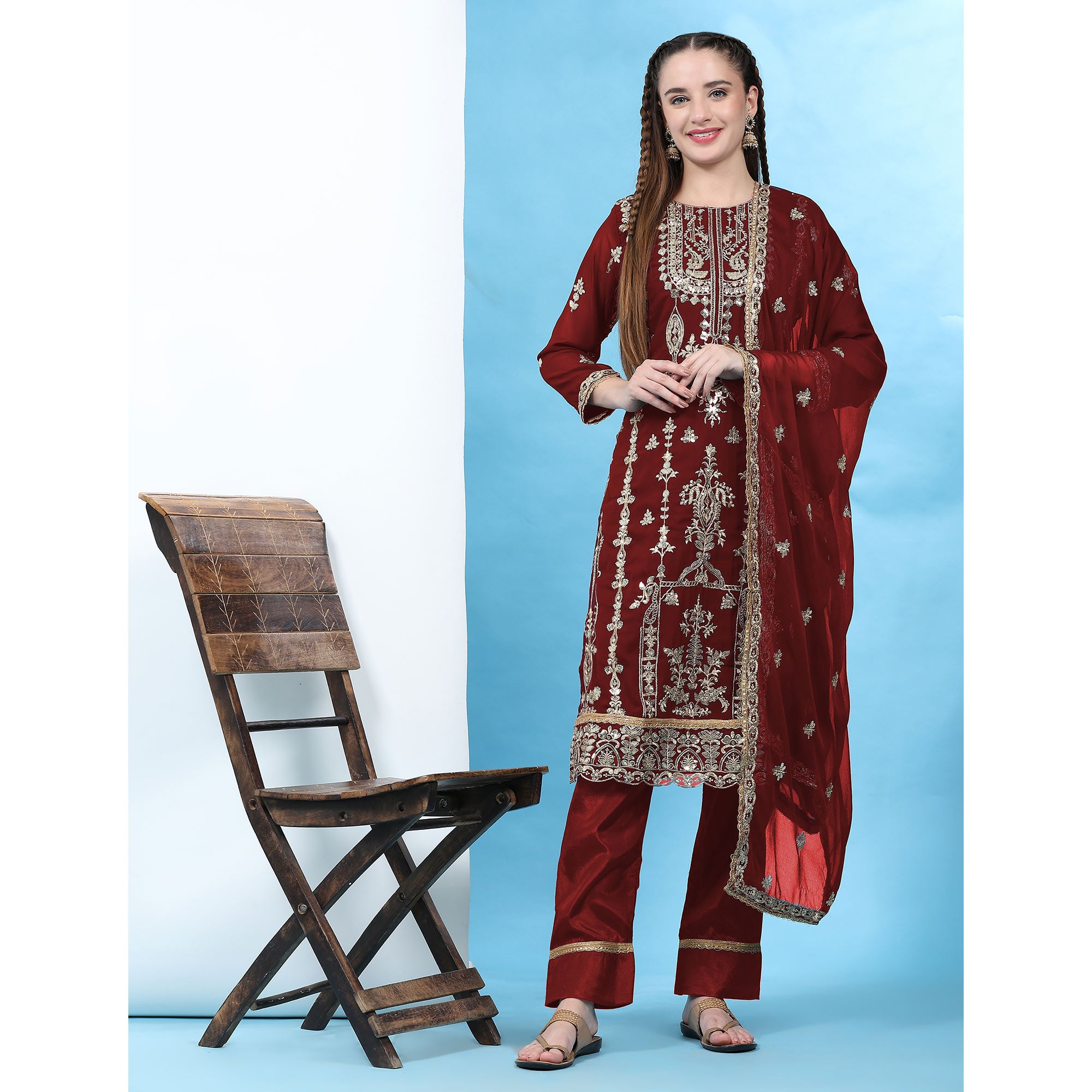 Maroon Sequins Embroidered Georgette Semi Stitched Pakistani Suit