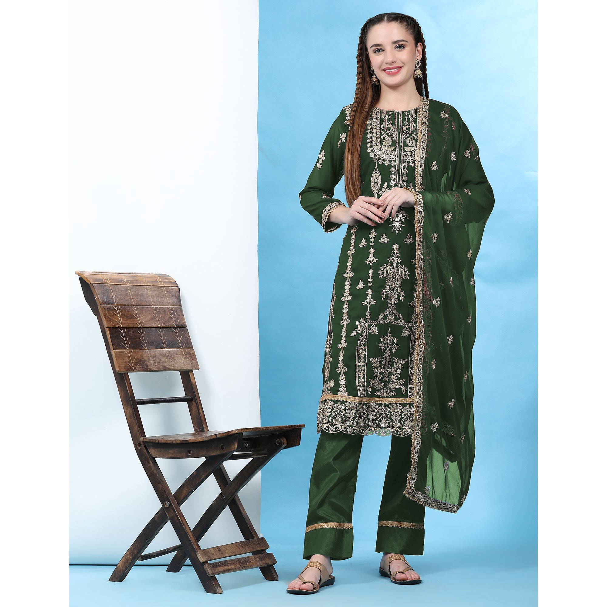 Green Sequins Embroidered Georgette Semi Stitched Pakistani Suit