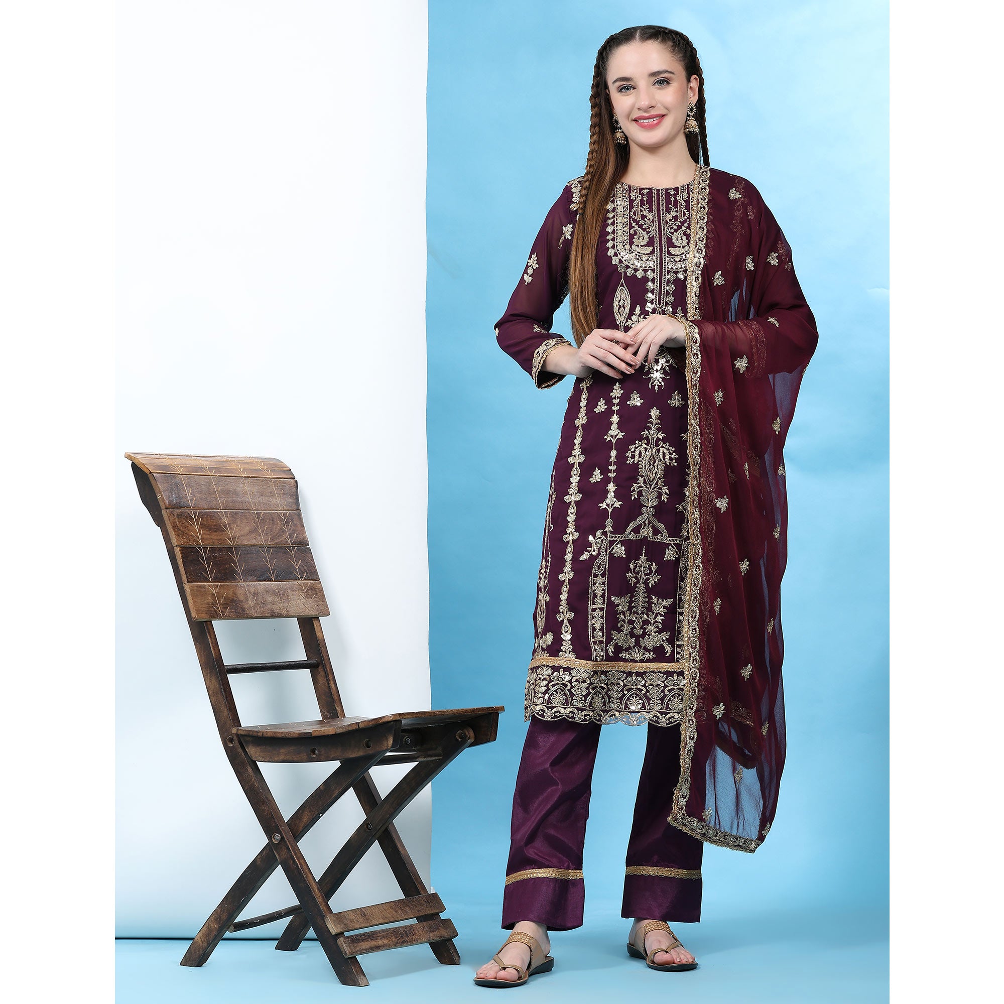 Purple Sequins Embroidered Georgette Semi Stitched Pakistani Suit