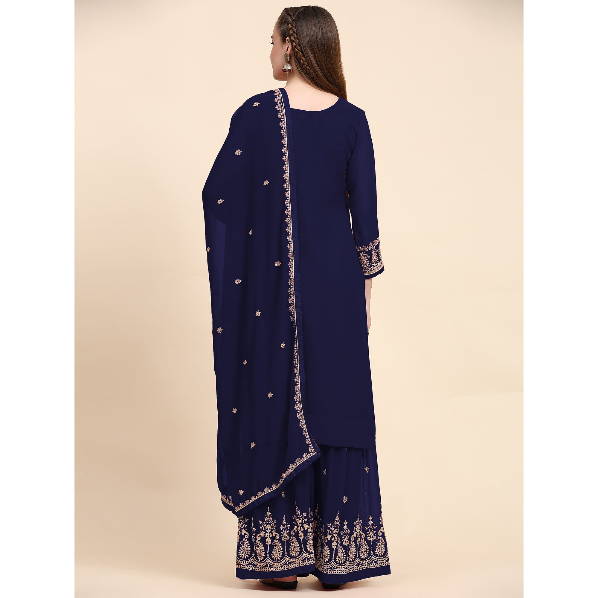 Blue Floral Embroidered Georgette Semi Stitched Suit