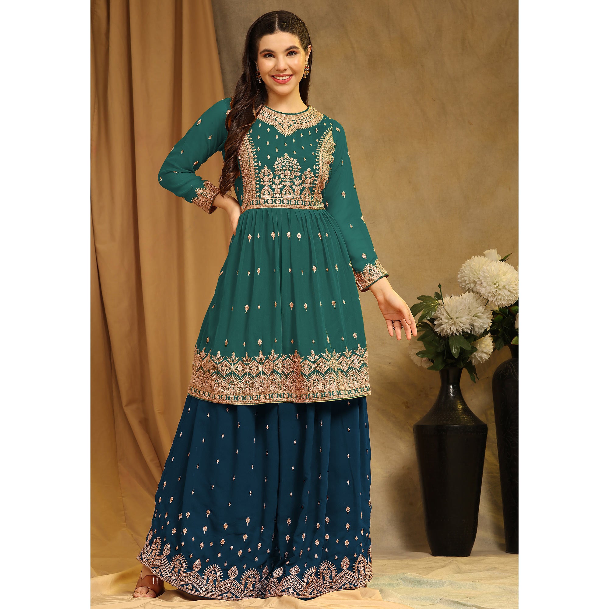 Teal Green Floral Embroidered Georgette Semi Stitched Sharara Suit