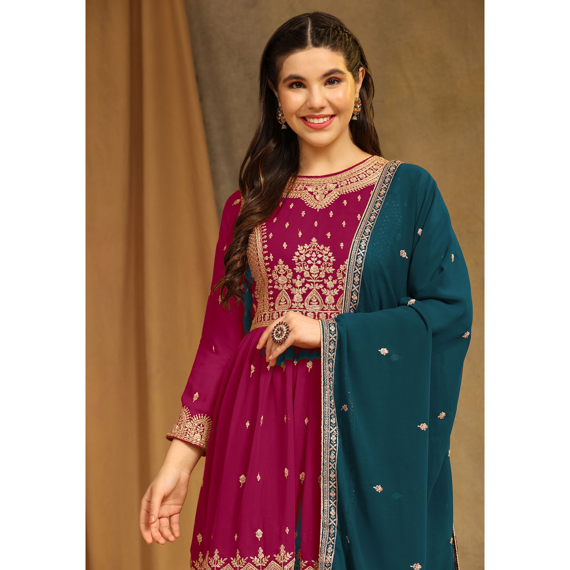 Pink Floral Embroidered Georgette Semi Stitched Sharara Suit