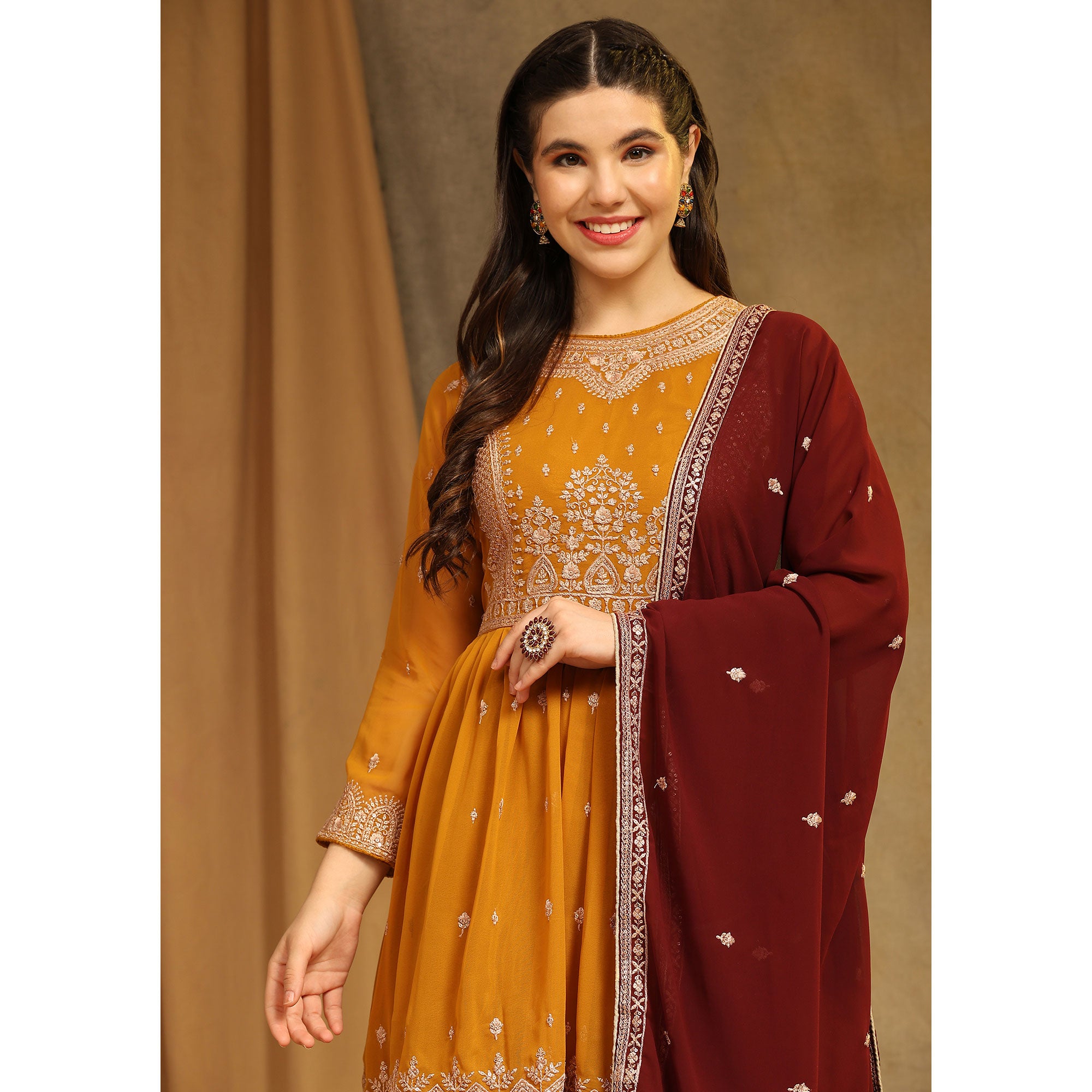 Yellow Floral Embroidered Georgette Semi Stitched Sharara Suit
