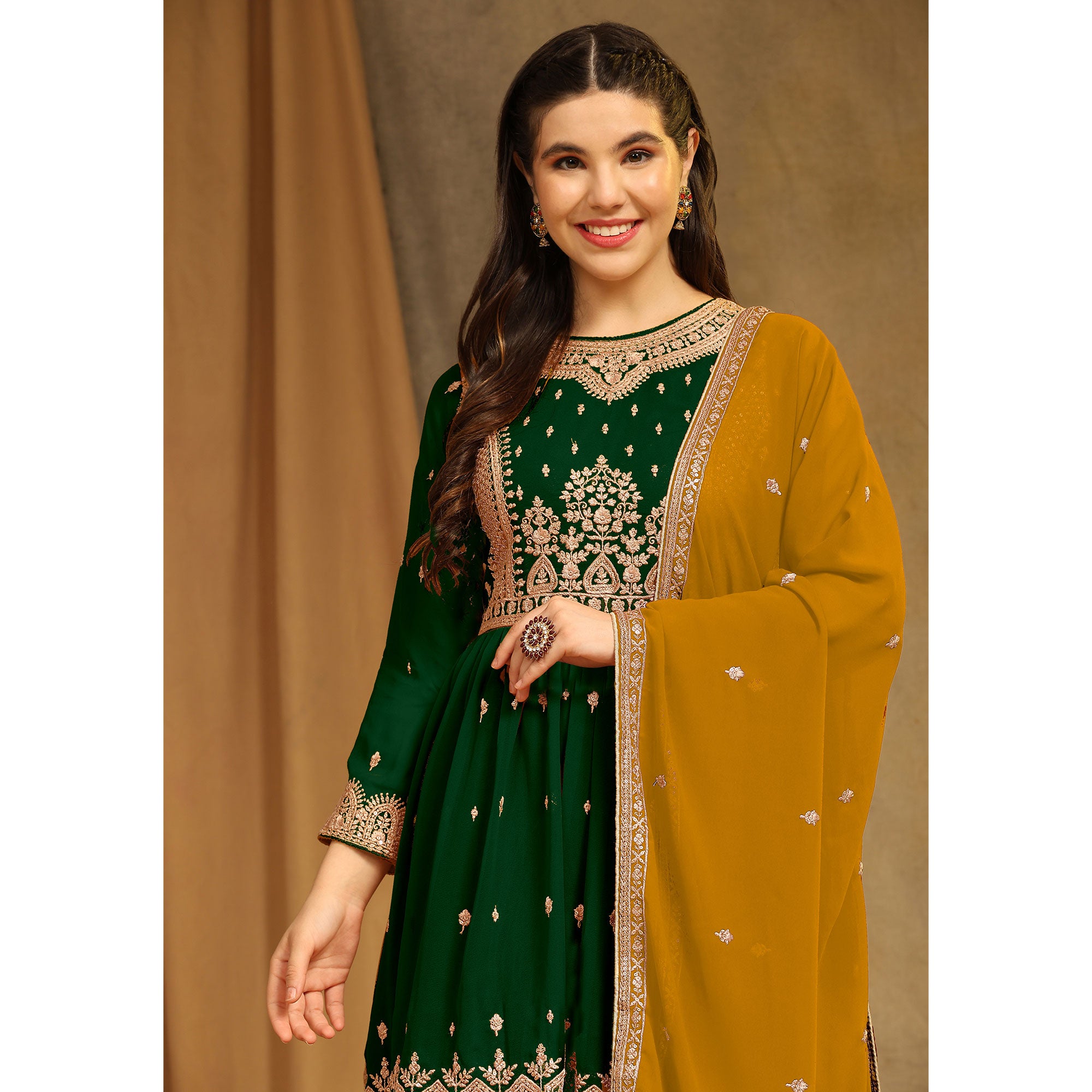 Green Floral Embroidered Georgette Semi Stitched Sharara Suit