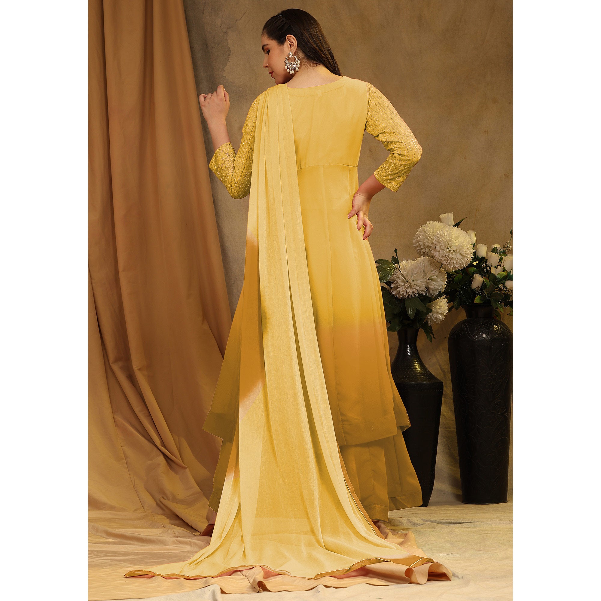 Yellow Sequins Embroidered Georgette Semi Stitched Sharara Suit