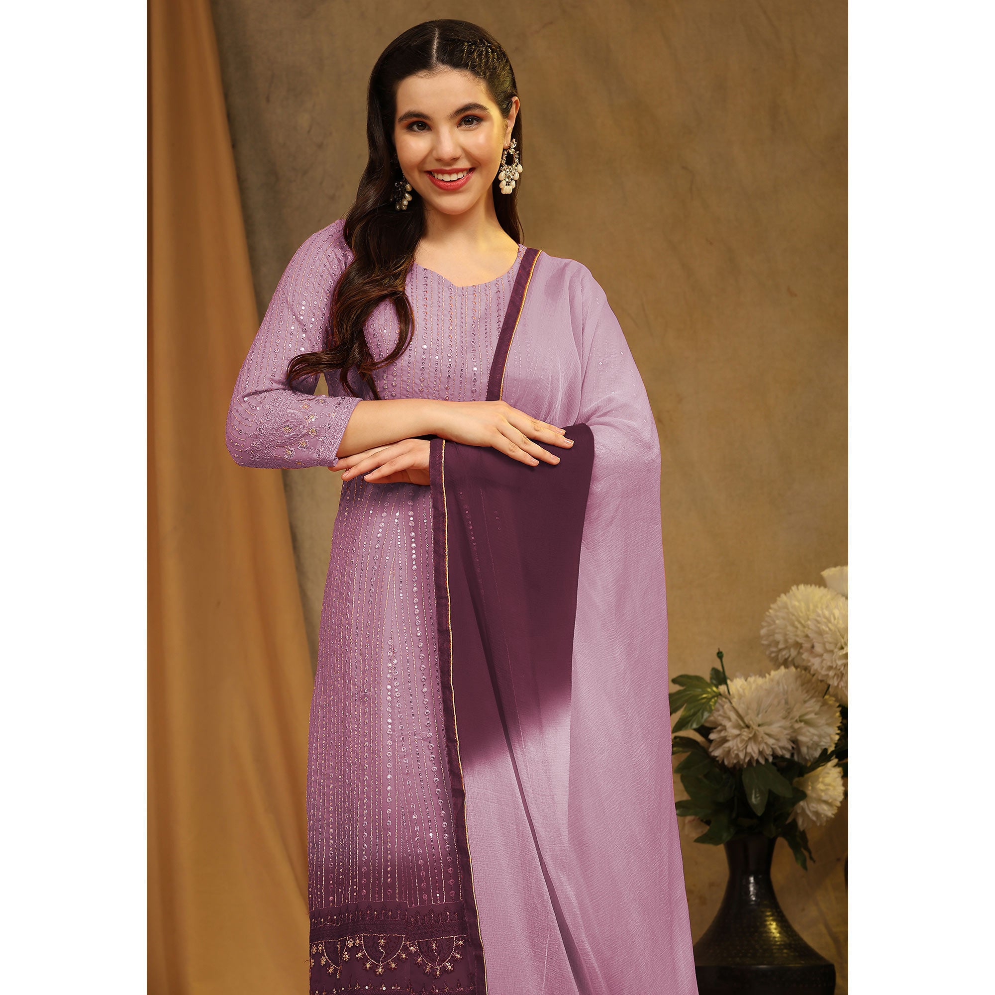 Violet Sequins Embroidered Georgette Semi Stitched Sharara Suit