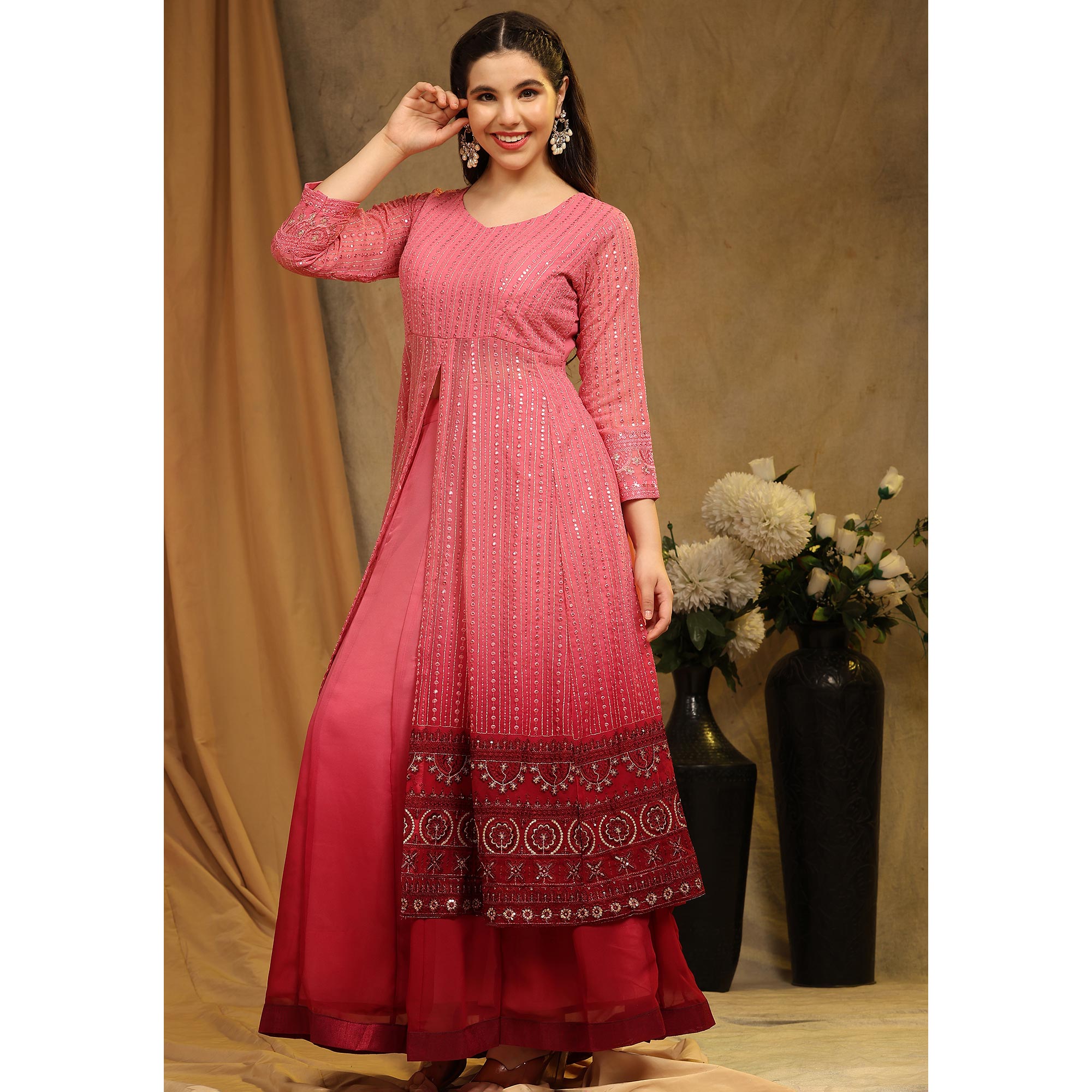 Red Sequins Embroidered Georgette Semi Stitched Sharara Suit