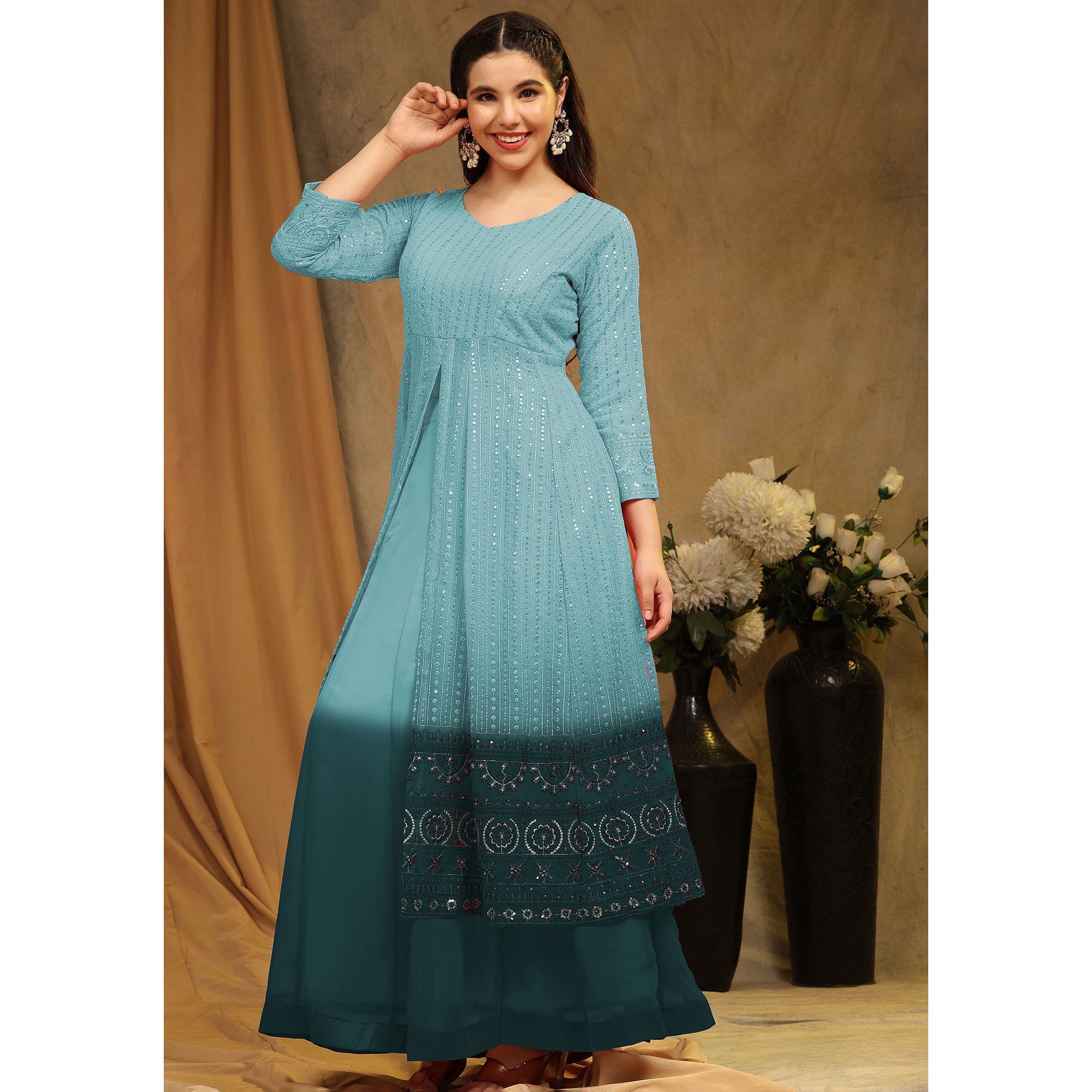 Sky Blue Sequins Embroidered Georgette Semi Stitched Sharara Suit