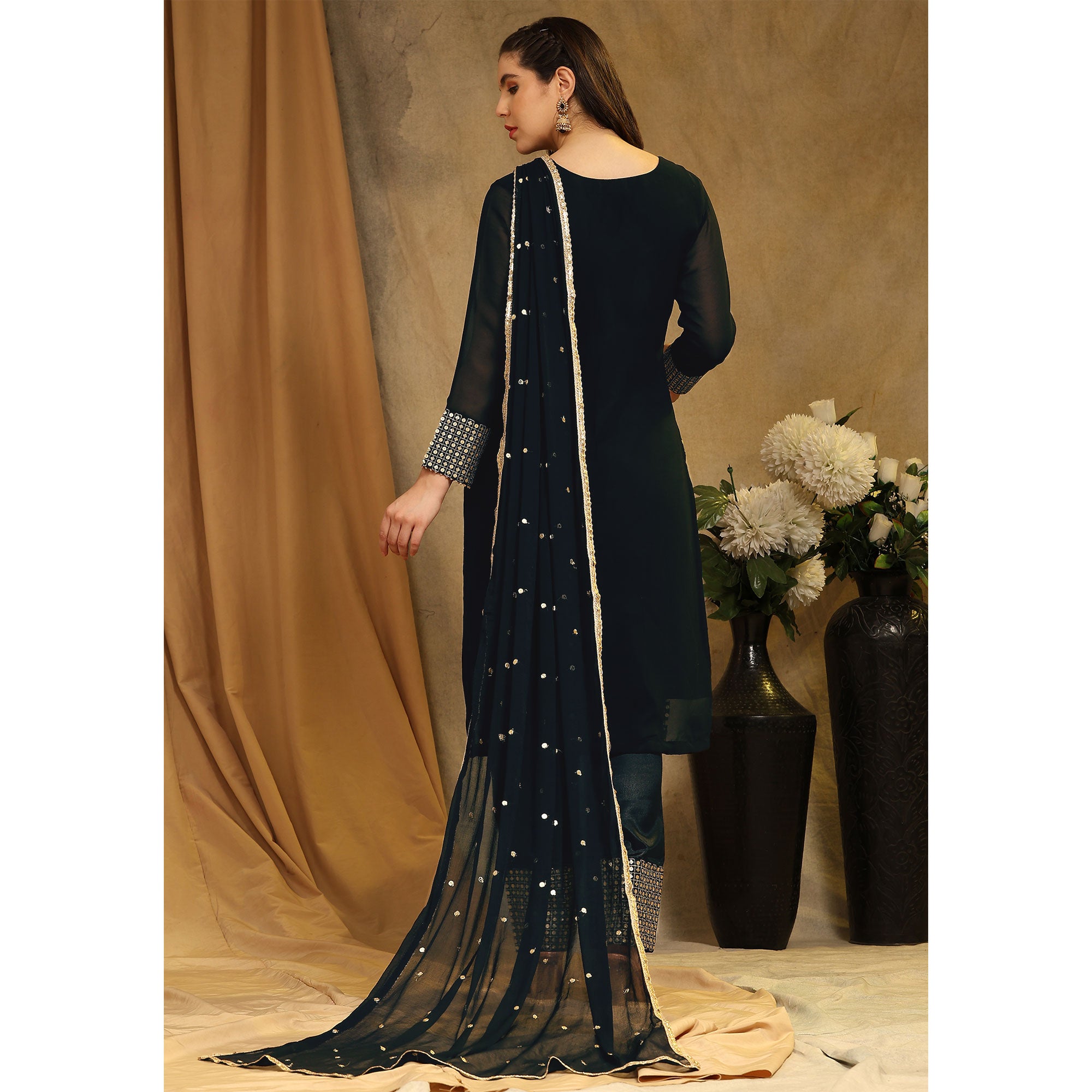 Black Sequins Embroidered Georgette Semi Stitched Salwar Suit