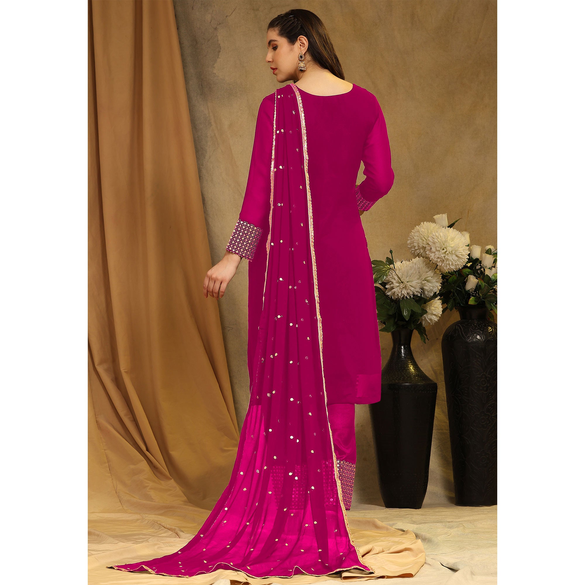 Rani Pink Sequins Embroidered Georgette Semi Stitched Salwar Suit