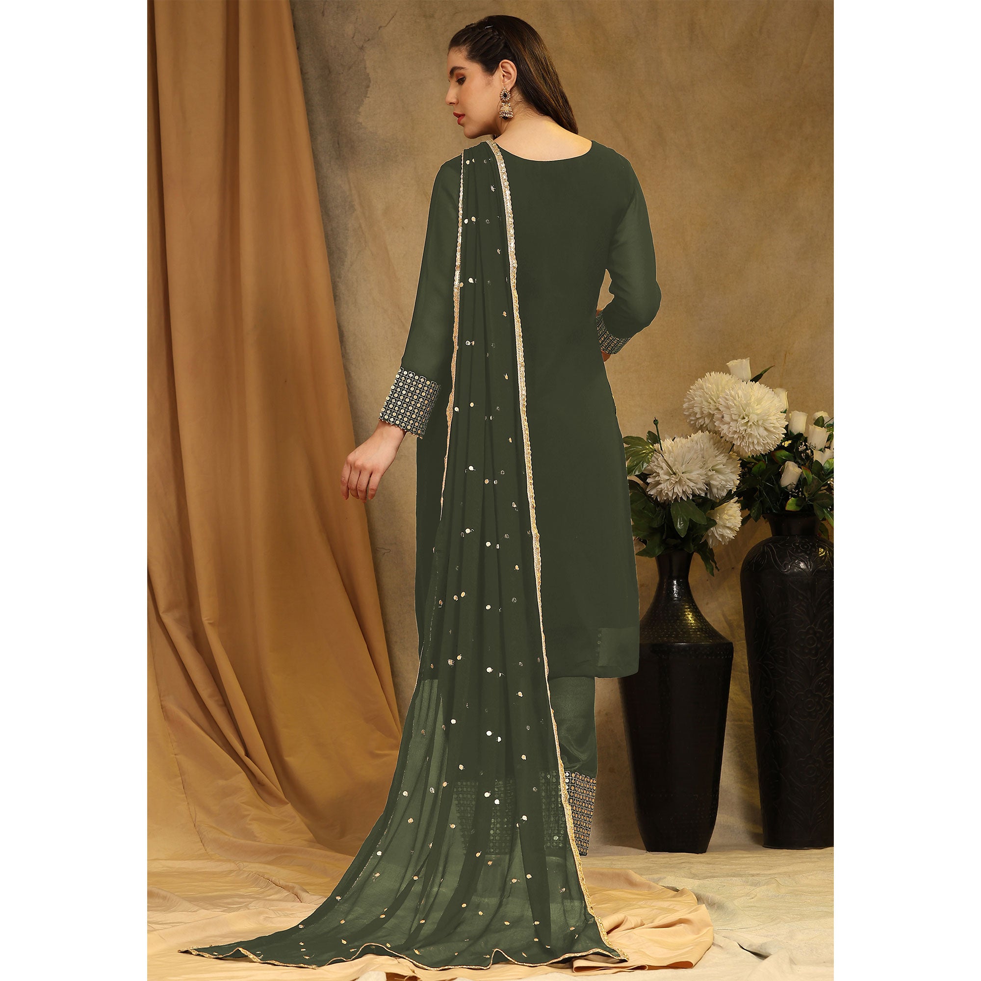 Mehendi Green Sequins Embroidered Georgette Semi Stitched Salwar Suit