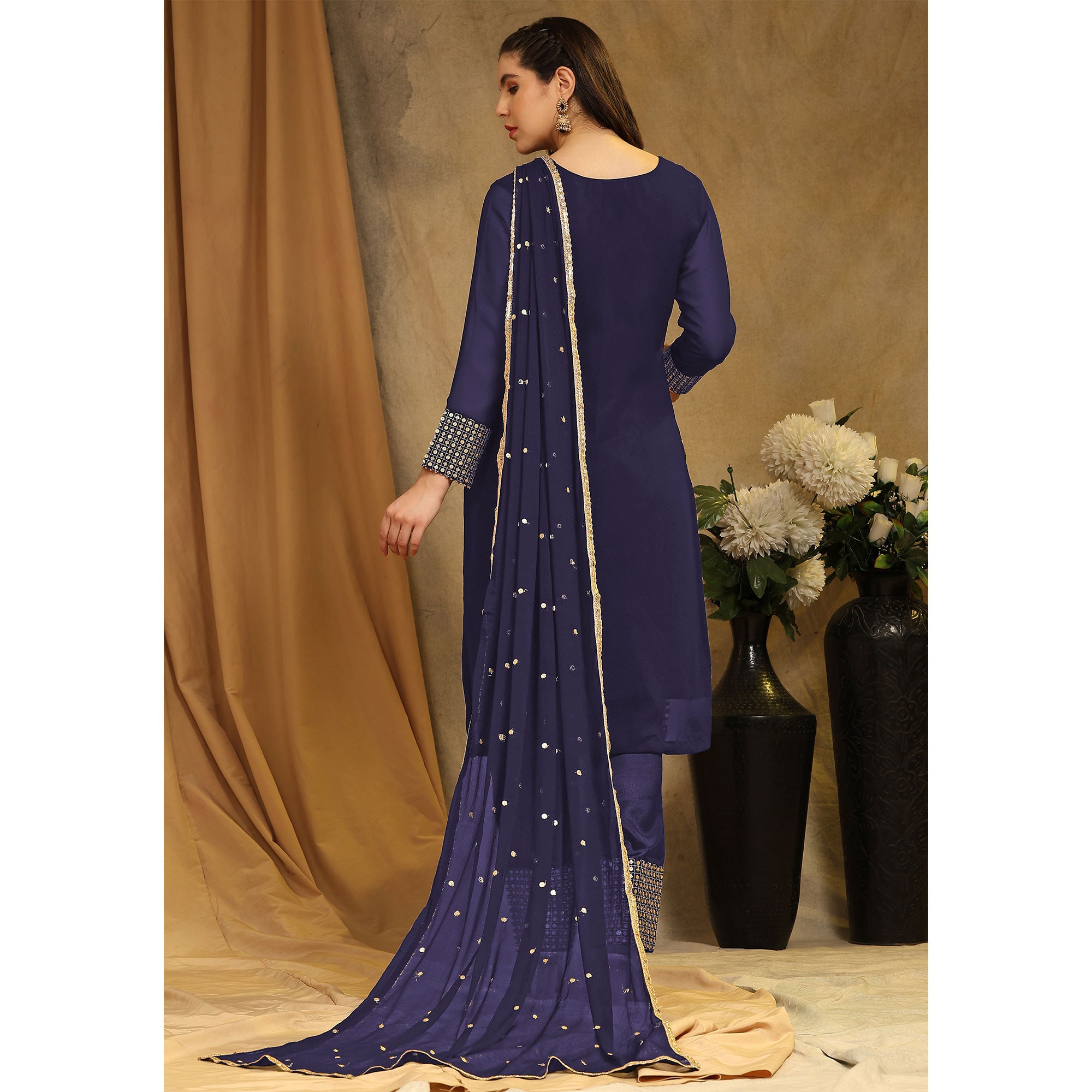 Navy Blue Sequins Embroidered Georgette Semi Stitched Salwar Suit