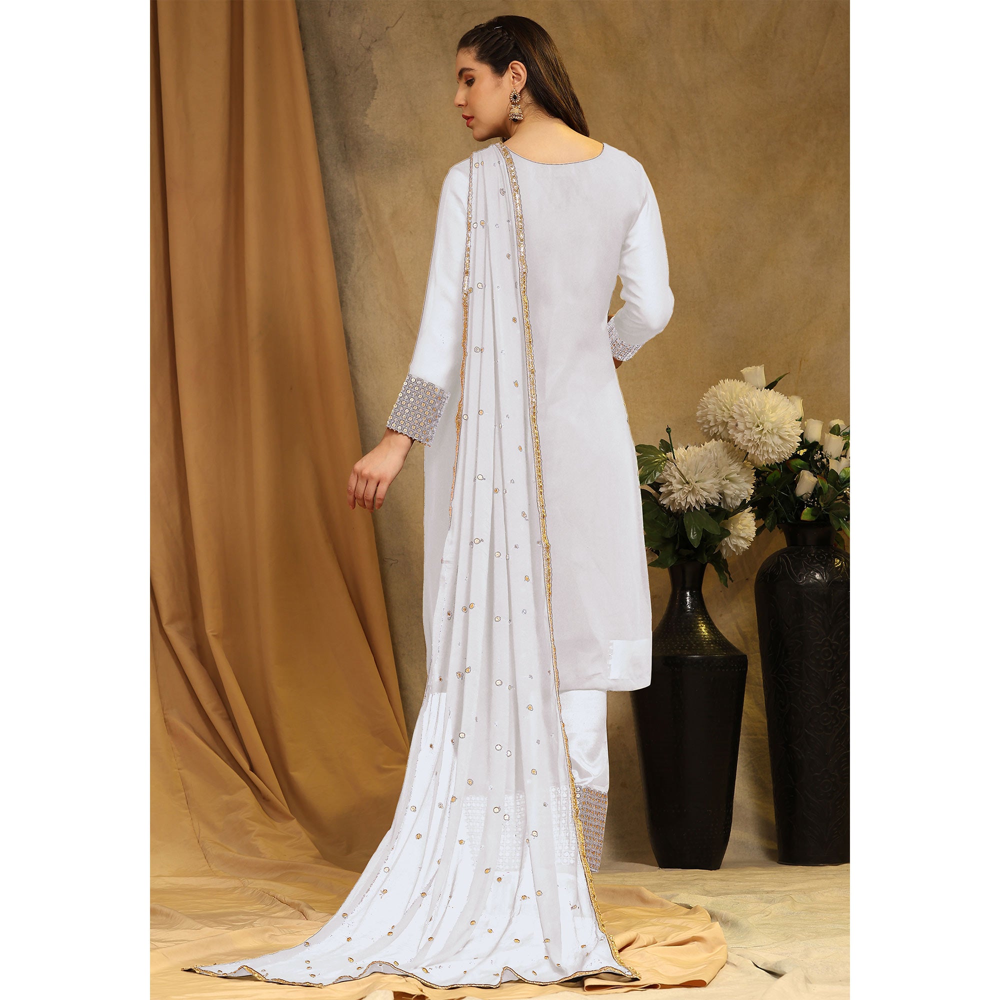 White Sequins Embroidered Georgette Semi Stitched Salwar Suit