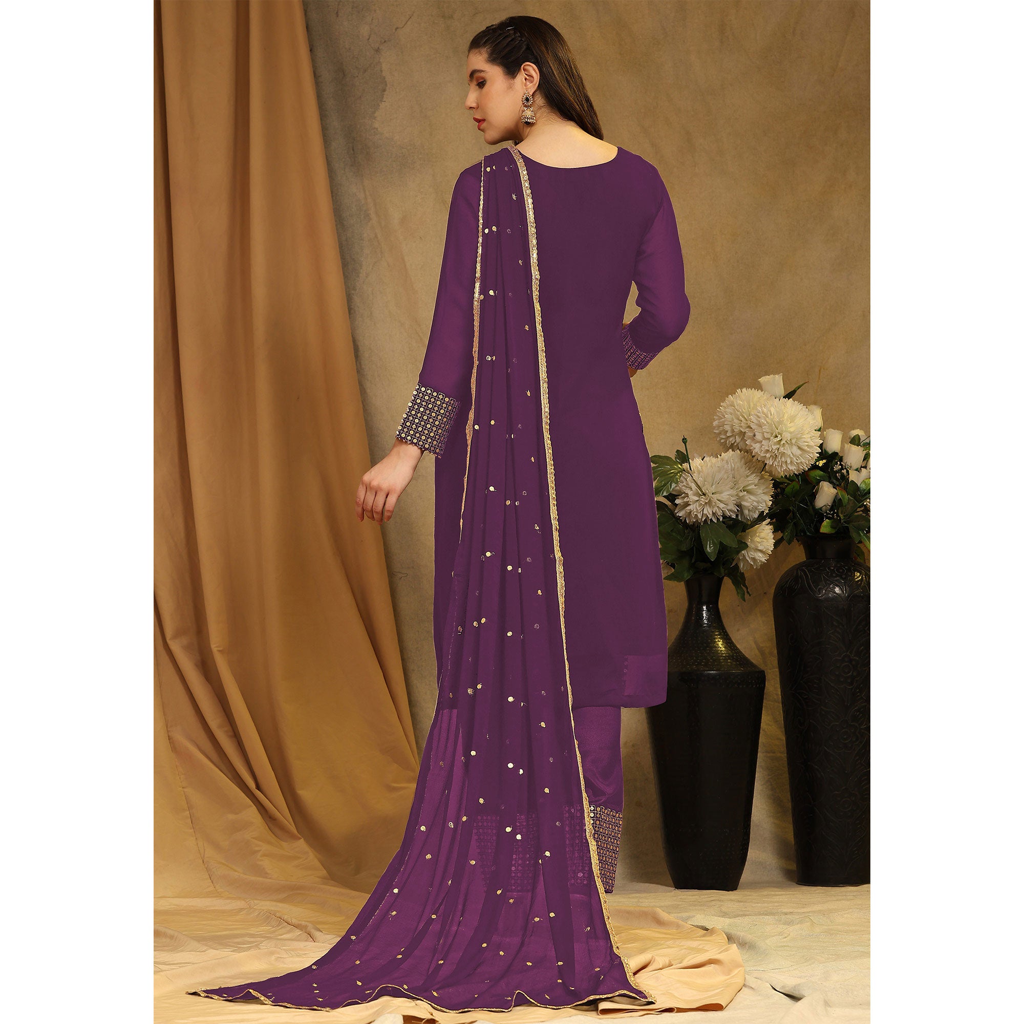 Wine Sequins Embroidered Georgette Semi Stitched Salwar Suit