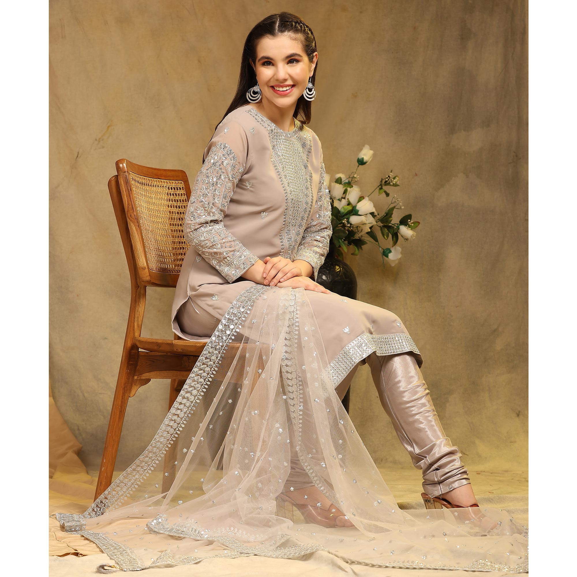 Chikoo Sequins Embroidered Georgette Semi Stitched Salwar Suit